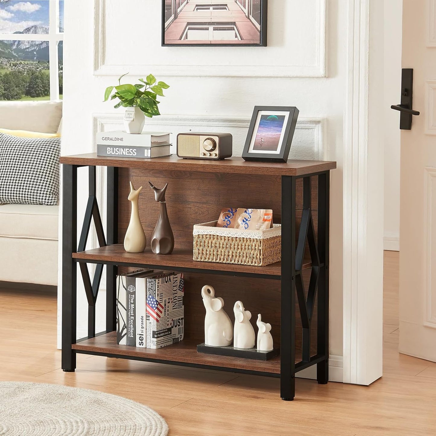 HOMISSUE Bookshelf, 3-Tier Rustic Short Bookshelf, Industrial Shelf Bookcase with Engineered Wood Shelves, Low Bookcase with Storage, Small Shelf for Living Room, Bedroom and Office, Rustic Brown