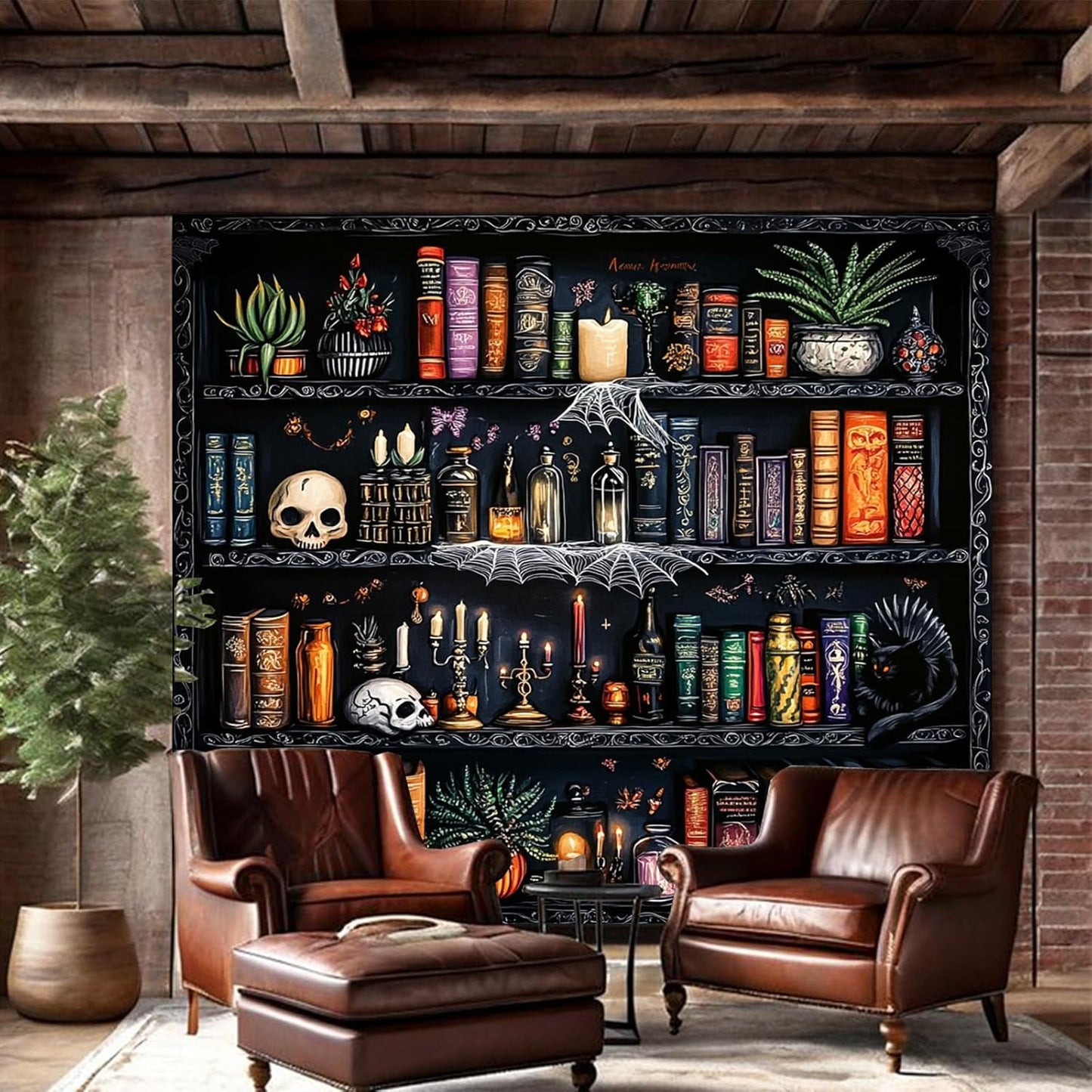 Algasan Magic Bookshelf Tapestry Magical Book Tapestry Gothic Witchy Vintage Library Skull Potion Black Cat Candle Botanical Backdrop for Bedroom Living Room Dorm 78.7 x 59.1 Inches