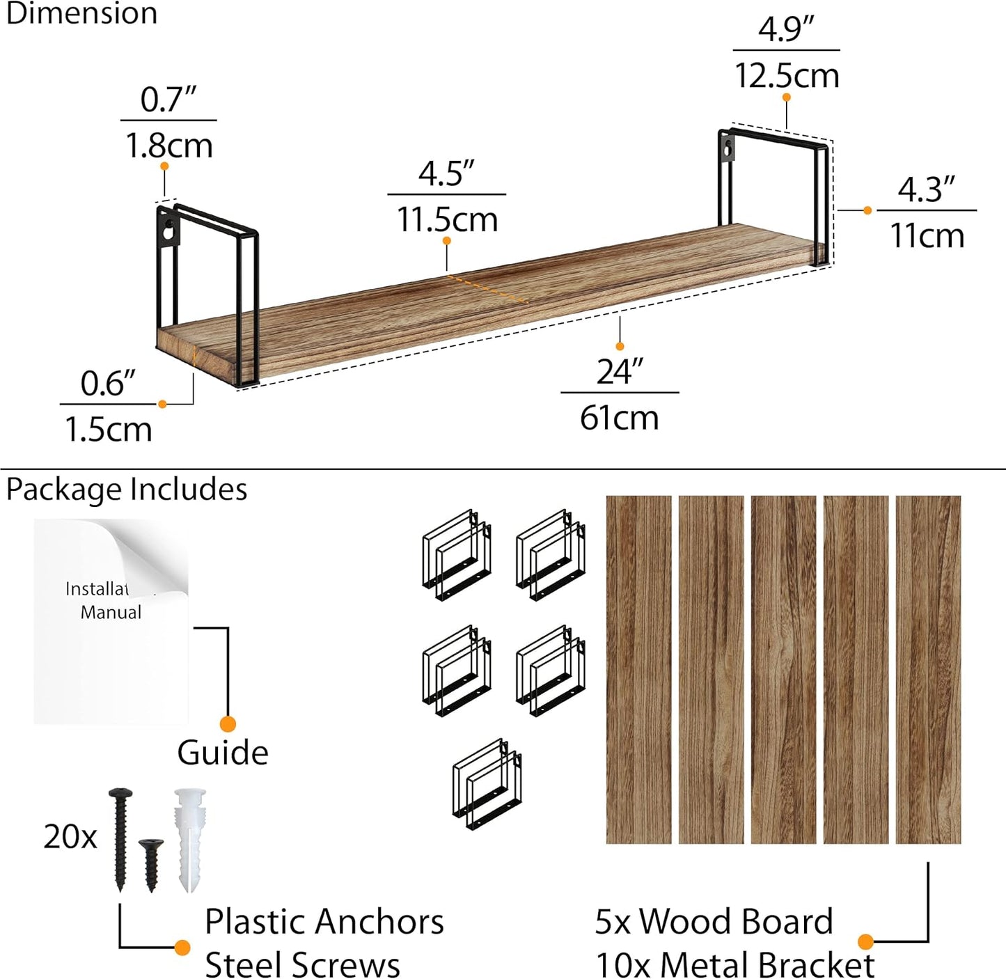 Wallniture Avila 24" Floating Shelves for Wall, Kitchen Organization & Office Shelves, Bookshelf for Living Room Decor, Laundry Room Shelf, Set of 5, Burnt Finish