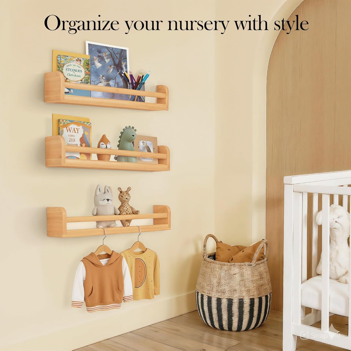 Floating Nursery Book Shelves, 16.5 inch Wall Book Shelves Kids Room, Set of 3 Baby Shelves for Nursery Décor, Ideal Wooden Nursery Shelves for Kids Room, Bedroom Bathroom and Kitchen (Natural Wood)