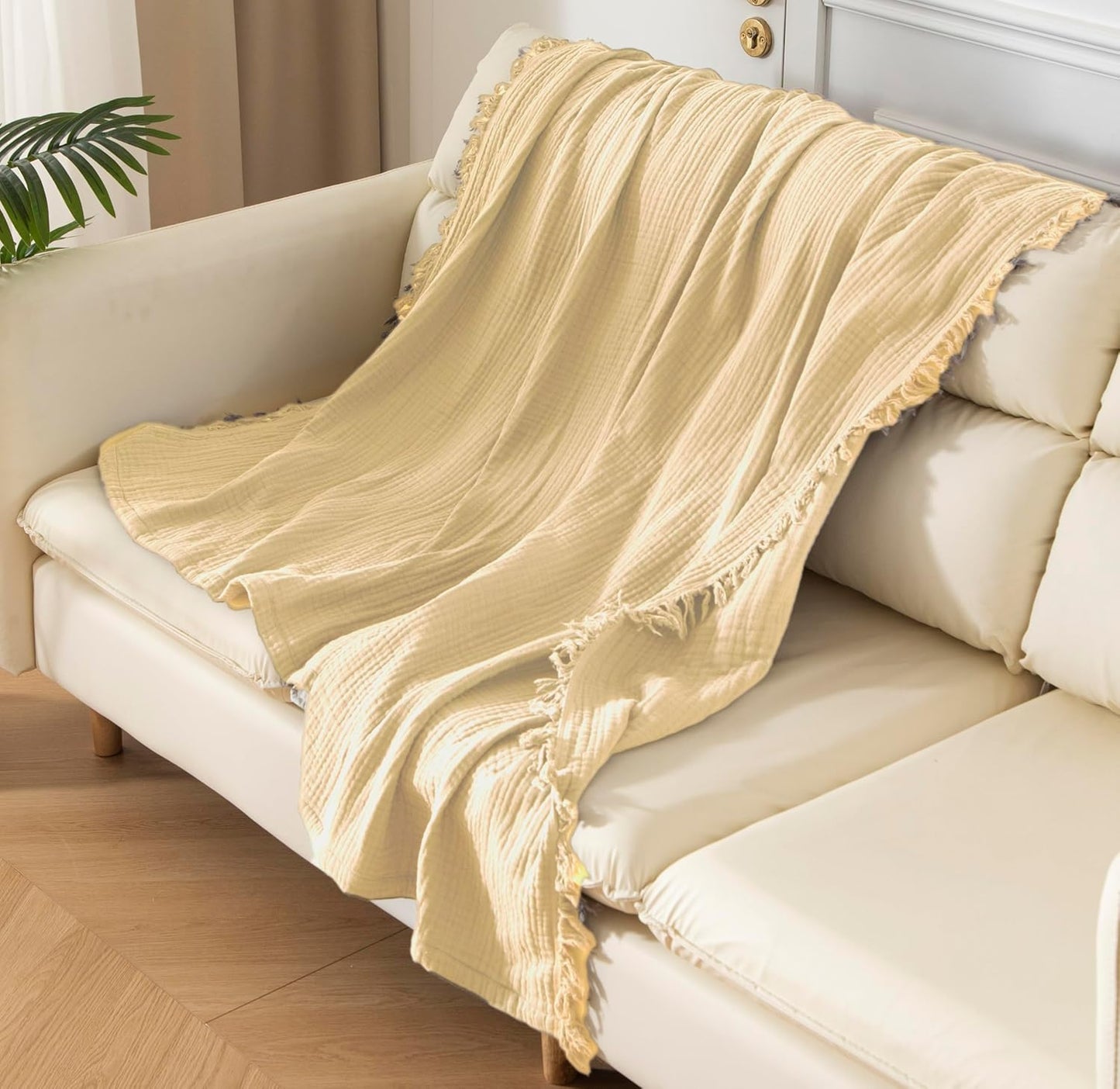 KyraHome Muslin Blankets for Adults Kids 60"x80",100% Organic Cotton Plant Dyed, Lightweight Breathable Gauze Cotton Throw Blanket for Couch, All Season (Shortbread/Creamy)