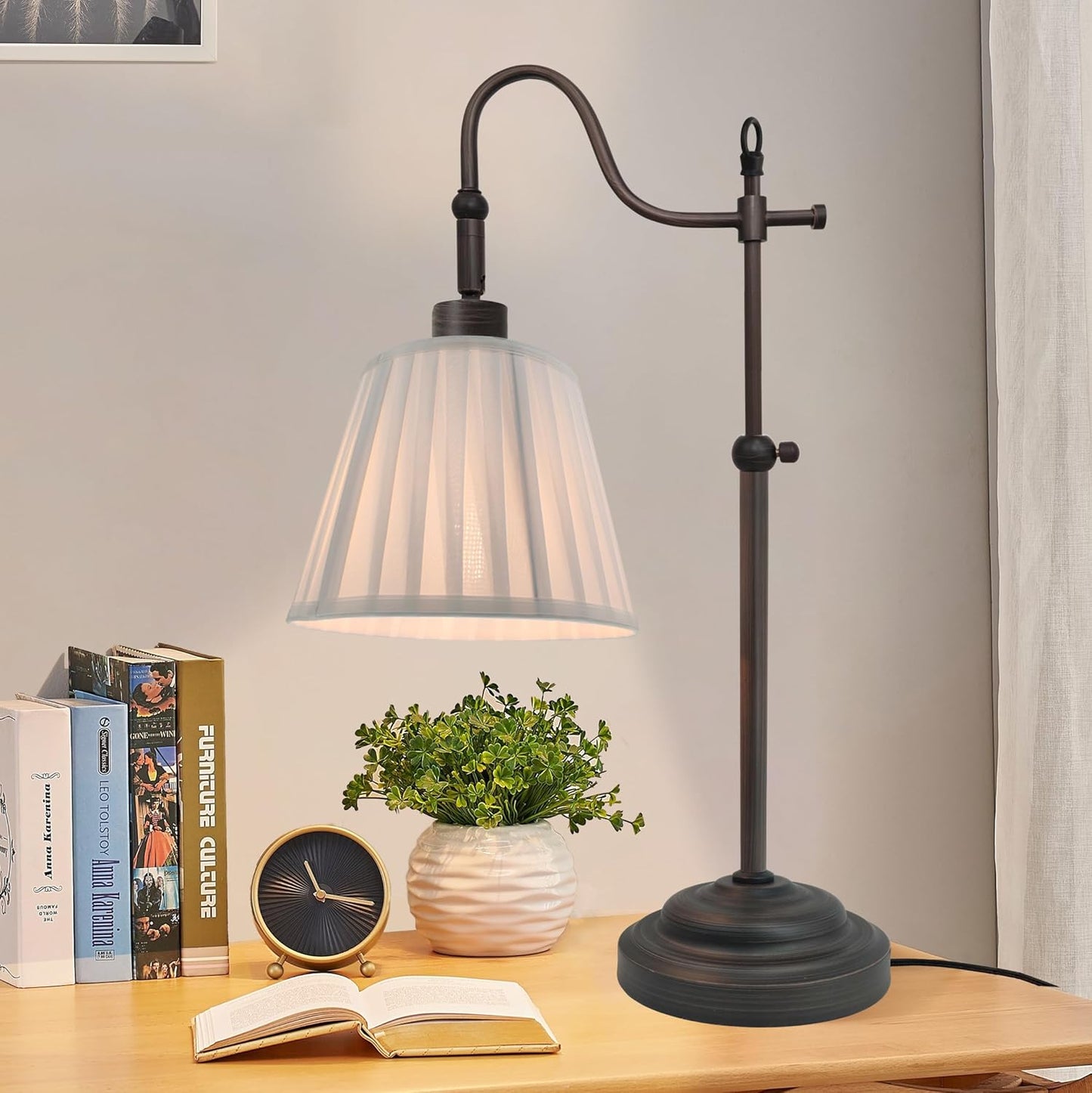 Farmhouse Table Lamps for Living Room, Vintage Swing Arm Desk Lamp with Adjustable Height, Industrial Bedside Reading Pleated Light for Bedroom, E26