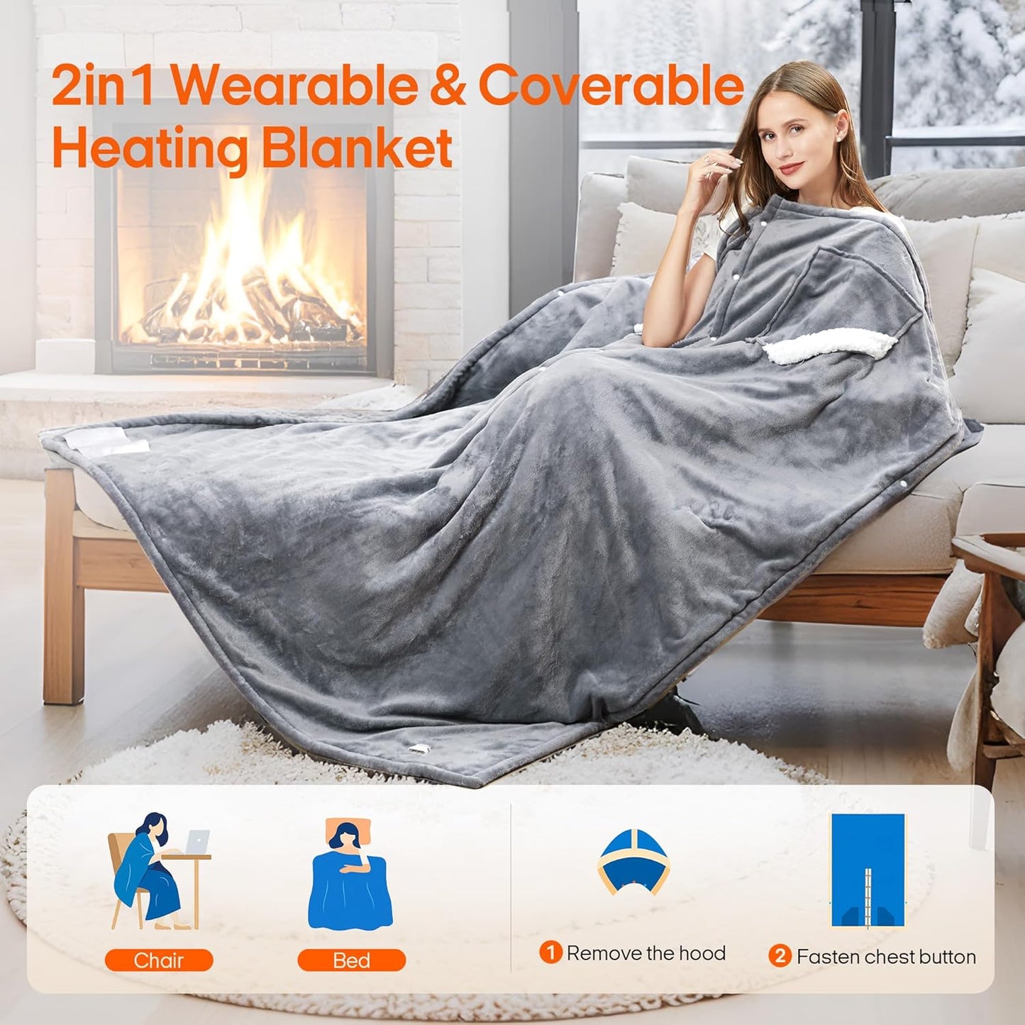 UNIKOME Wearable Heated Throw Blanket Electric Shawl，Christmas Birthday Gifts for Grandma,Mom,Elderly Women,Heated Robe Hoodie with 10 Heating Levels & 1-8 Hours Time Settings,50 x 60 Inch, Grey