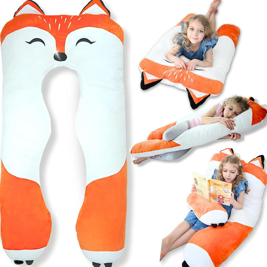 LUNAMIRA Fox Kids Body Pillow - 47" U-Shape Long Plush Soft Animal Pillow for Kids, Sleeping, Reading, ADHD & Special Needs Comfort, Anxiety, Washable Cover, Snuggle Fun Cuddle Gift for Boys & Girls