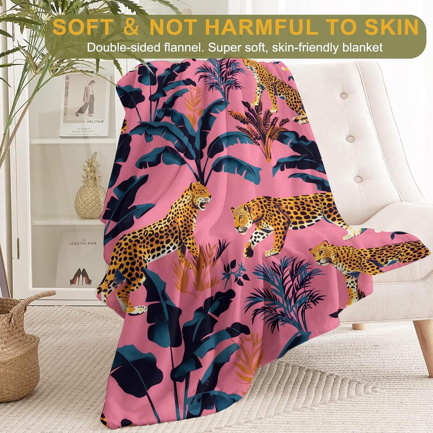 Leopard and Tropical Leaves Flannel Blanket - Lightweight Soft Cozy Unique Gifts Blankets for Jungle Lovers,Kids,Adult,Women,Vibrant Pink Art Throw,Home Room Modern Decor 50x60in