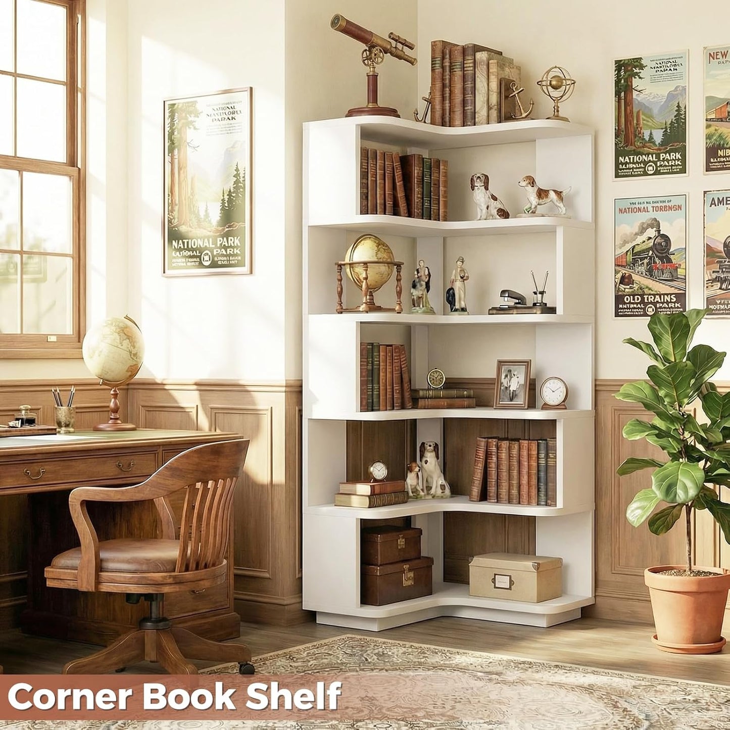 Corner Book Shelf, 6-Shelf Corner Bookshelf for Small Corner Spaces, L-Shape Bookcase Corner Display Shelf for Home Office, Living Room, Bedroom, White