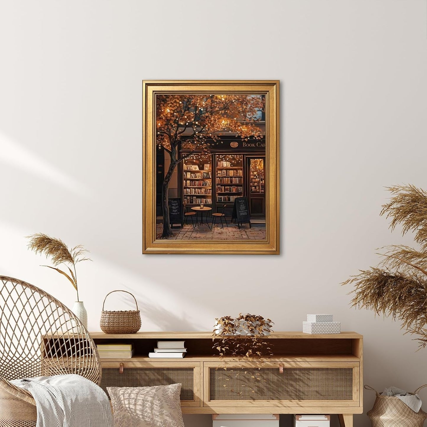 Ripiyome Autumn Coffee Shop Canvas Print Poster Moody Bookstore Wall Art Cozy Cafe Fall Artwork Aesthetic Painting for Book Lovers Thanksgiving Decor Living Room Reading Nook 12x16inch Golden Frame