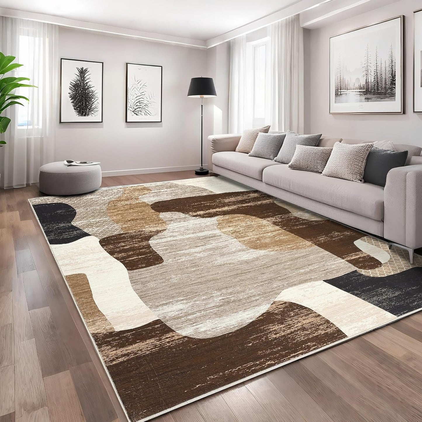 Modern Abstract Rug for Living Room 9x12 Large Low Pile Washable Rugs with Non-Slip Backing, Stain-Resistant Contemporary Indoor Carpet, Neutral Rugs Print Floor Mats for Bedroom Nursery, Brown