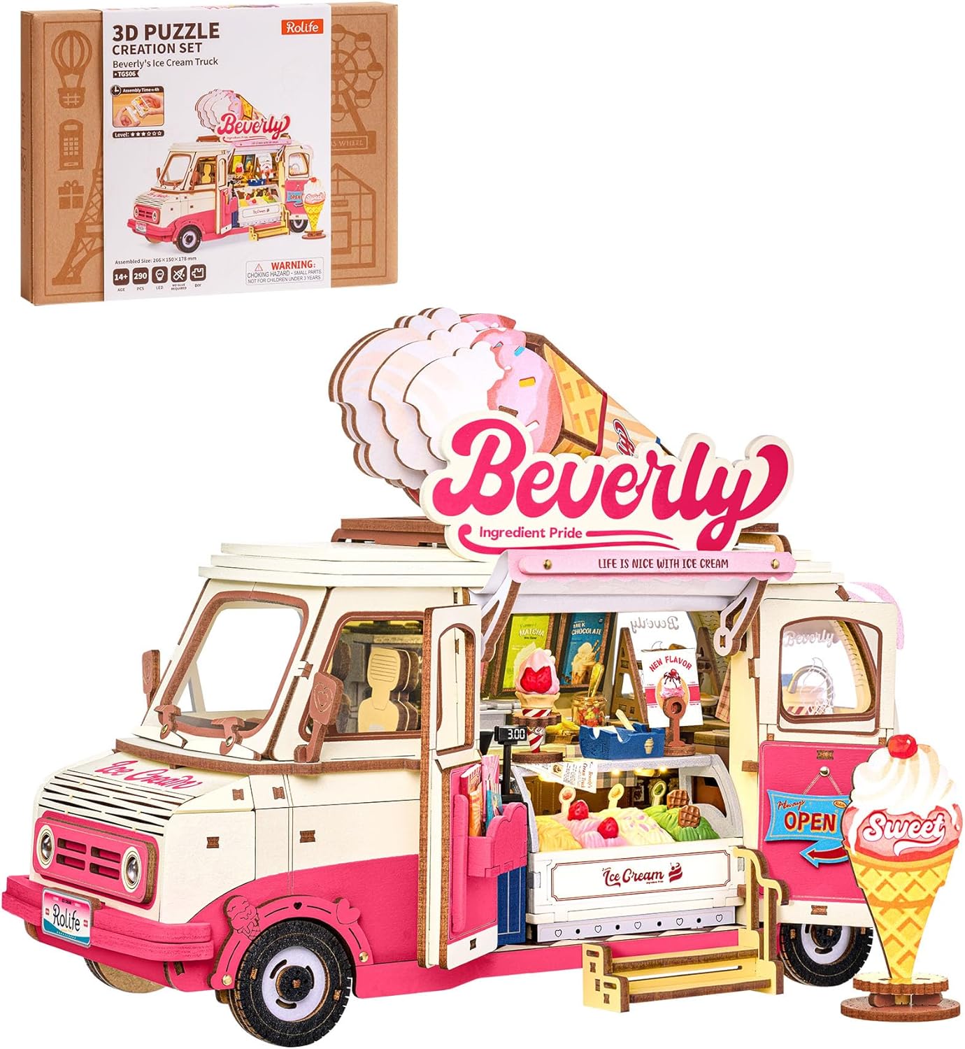 3D Wooden Puzzles for Adults - Ice Cream Truck Model Kit DIY Building Set, 290pcs Wood Craft Home Desk Decor, No Glue Needed Creative Gift for Family and Friends