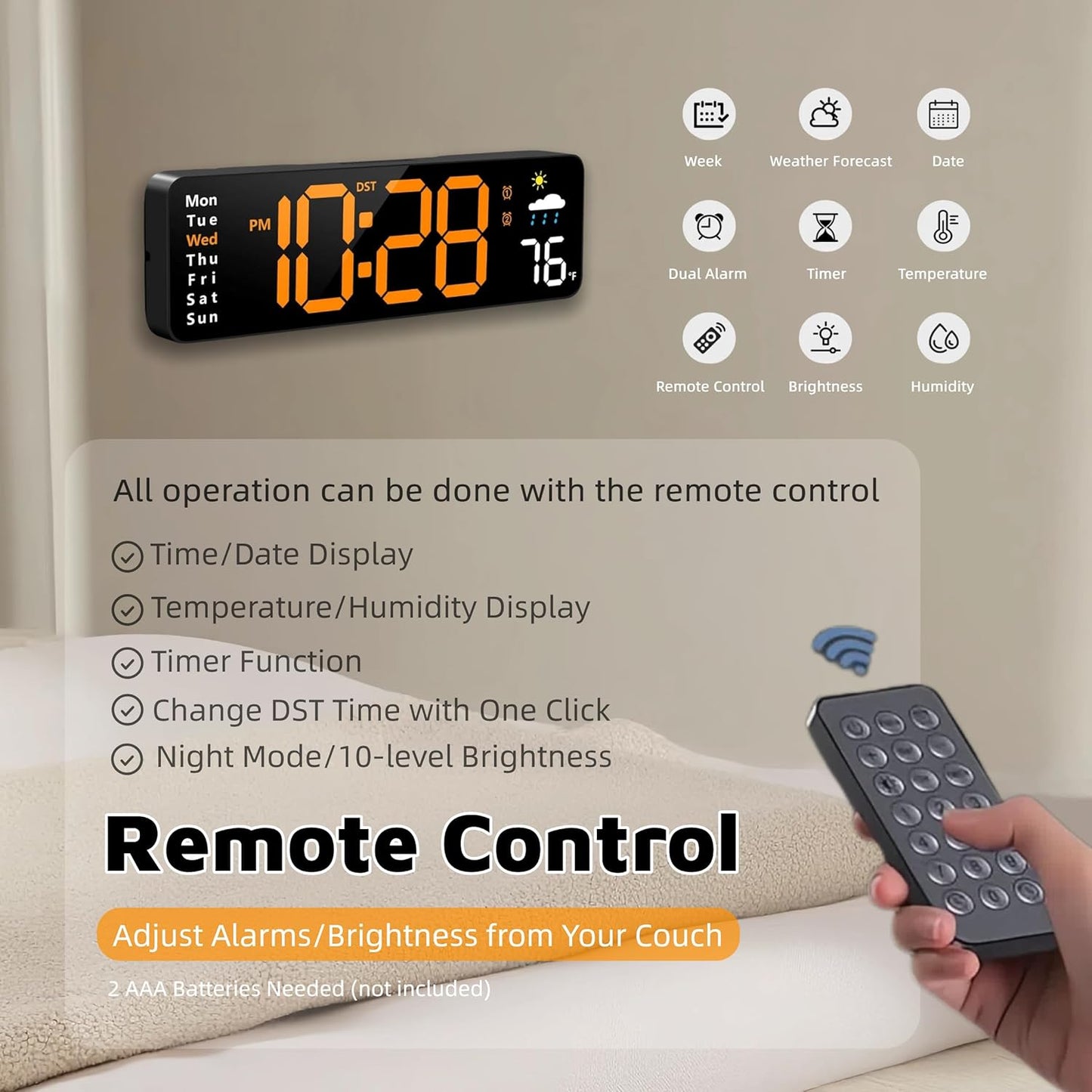 Large LED Digital Wall Clock with Alarm Timer - Auto Dimming Clock with Temperature, Weather and Calendar, Remote Control, Classroom Décor, for Bedroom, Office, Living Room (Orange)