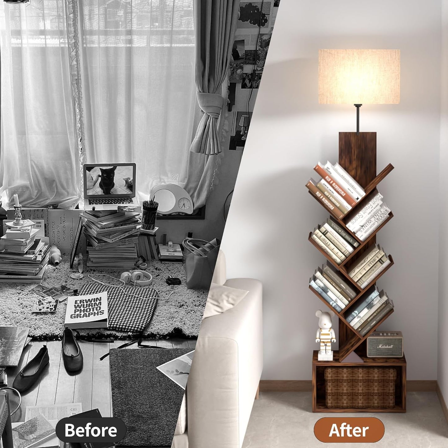 3-Tier Tree Bookshelf with 3-Color LED Lights, Small Narrow Tall Floor Standing Bookcase with Storage Organizer, Rustic Brown Book Shelf for Living Room, Bedroom, Home Office