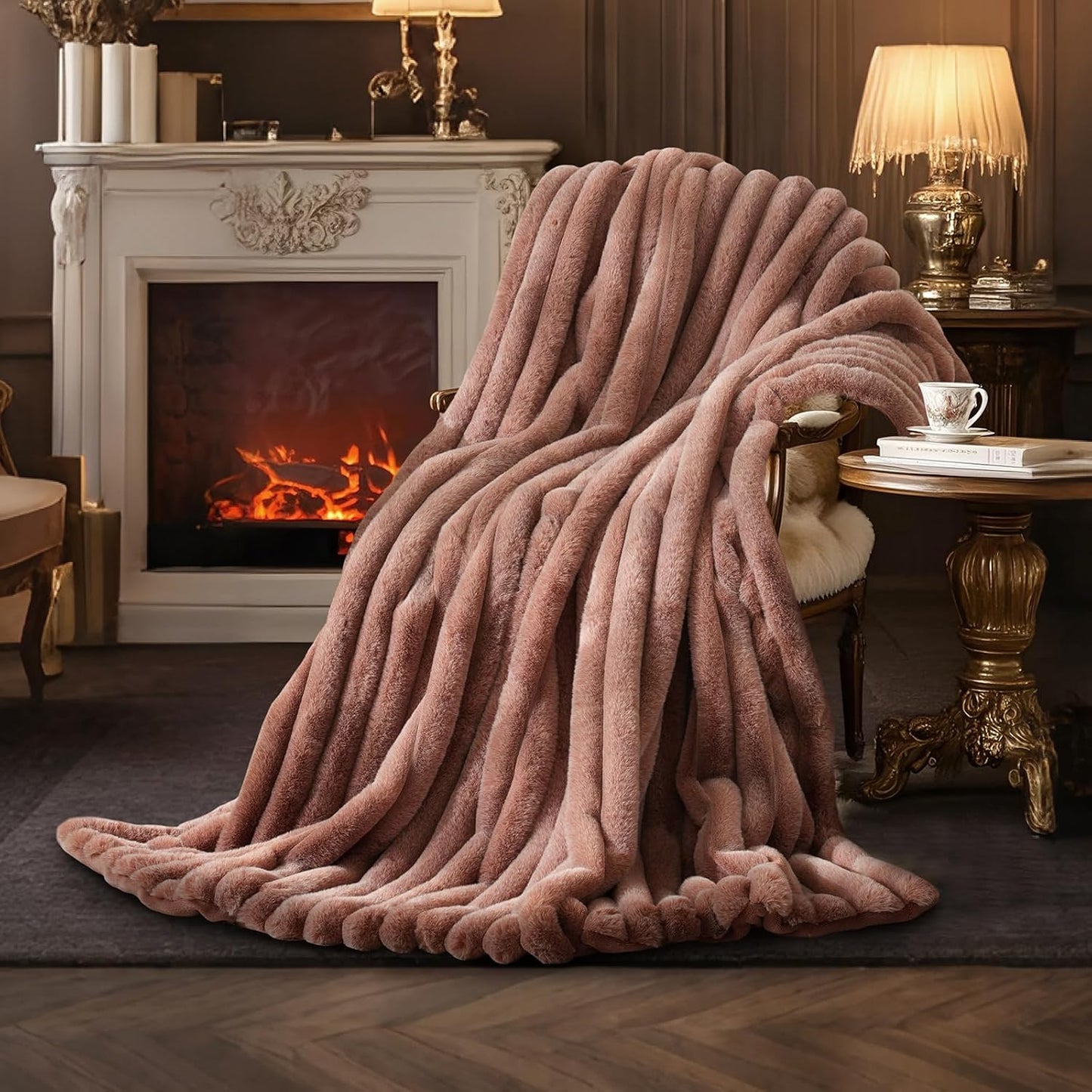 Amélie Home Faux Fur Throw Blanket for Couch, Ultra Cozy Fuzzy Fluffy Fur Luxurious Soft Striped Plush Gift Blankets for Family Sofa Chair Bedroom, 55"x70", Cationic Fox Pink Brown