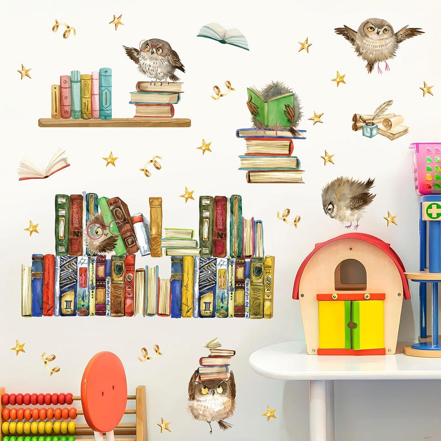 Reading Corner Wall Stickers,Owl Books Wall Stickers,Educational Window Clings,Library Reading Stickers,Cartoon Animal Wall Decal for Kids Baby Room School Bookstore Classroom Nursery Bedroom
