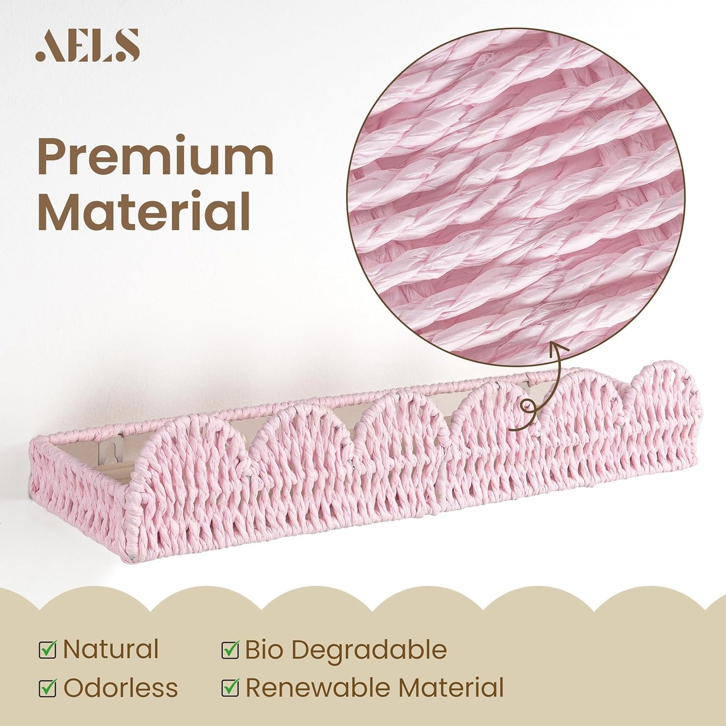 AELS Scalloped Nursery Bookshelf, Set of 4, Picture Ledge Shelf for Wall Decor, Woven Natural Fibre Floating Shelves for Books, Toys, Photo Frame, Nursery, Boho Modern Farmhouse Book Shelf, Pale Pink
