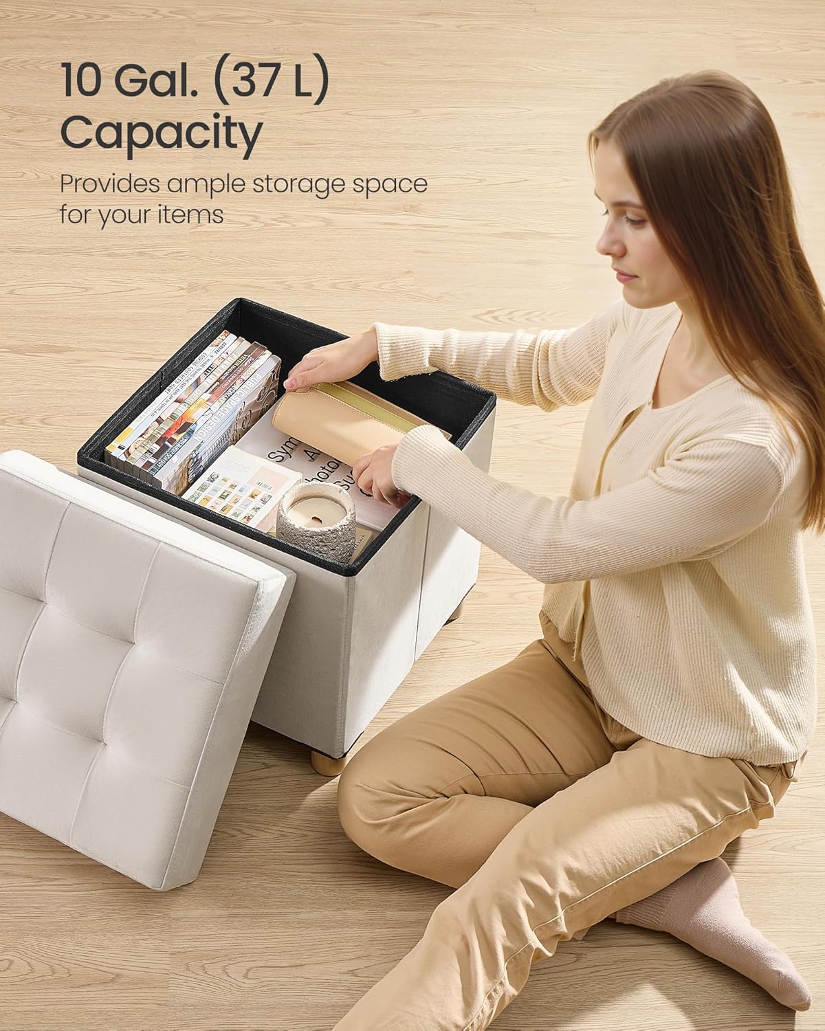 SONGMICS Small Storage Ottoman, Folding Ottoman Cube, 15 x 15 x 15.7 Inches, Footstool, Footrest, 10 Gal. (37 L), Velvet Surface, for Bedroom, Living Room, Dorm, Cappuccino Beige ULSF0516W02