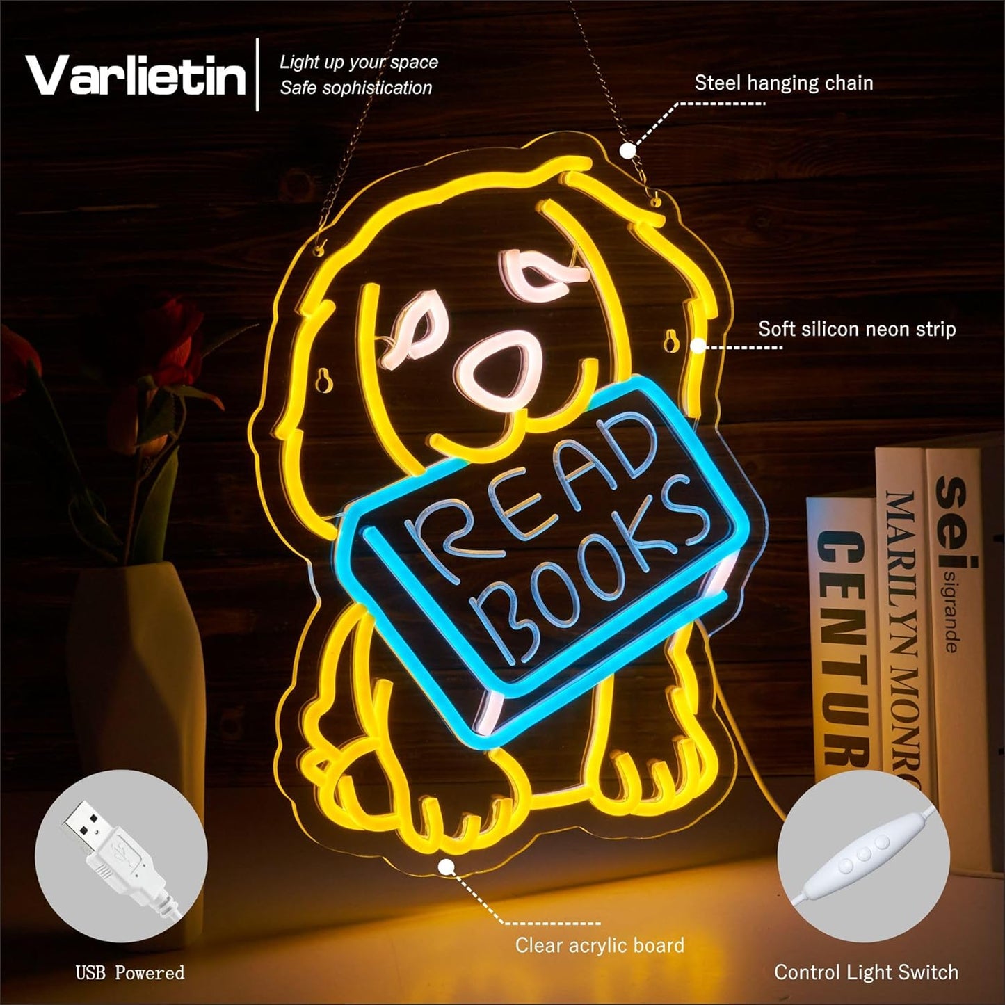 Read Books Golden Retriever Neon Sign for Wall Decor, Read More Books LED Signs Lights for Book Club Classroom Read Corner Kid's Reading Study Men Cave Game Decor, Birthday Party Decoration Gift