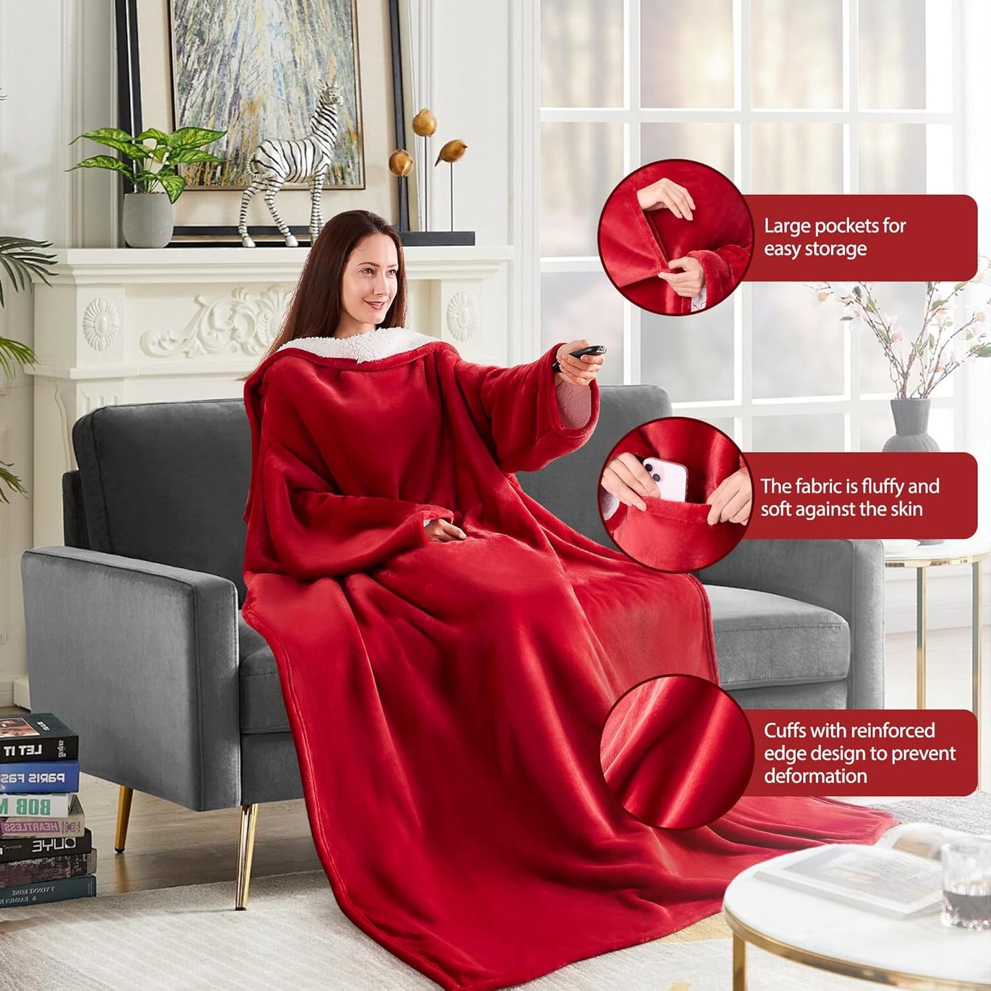 Wearable Blanket with Sleeves, Cozy Wearable Blanket with Arms and Pockets for Women Men, Warm TV Wrap Throw Blanket Robe as Gifts for Mom Wife, Wine