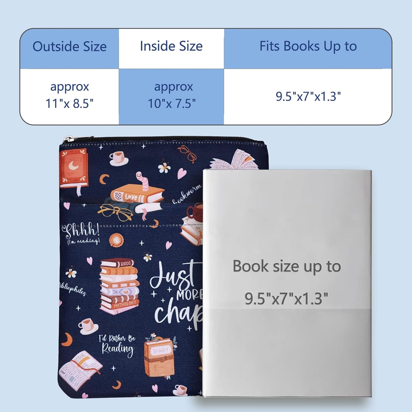Just One More Chapter - Waterproof Book Sleeve with Zipper & Front Pocket | 11x8.5 Inch Canvas Book Cover Protector | Perfect Book Lovers Gift for Travel