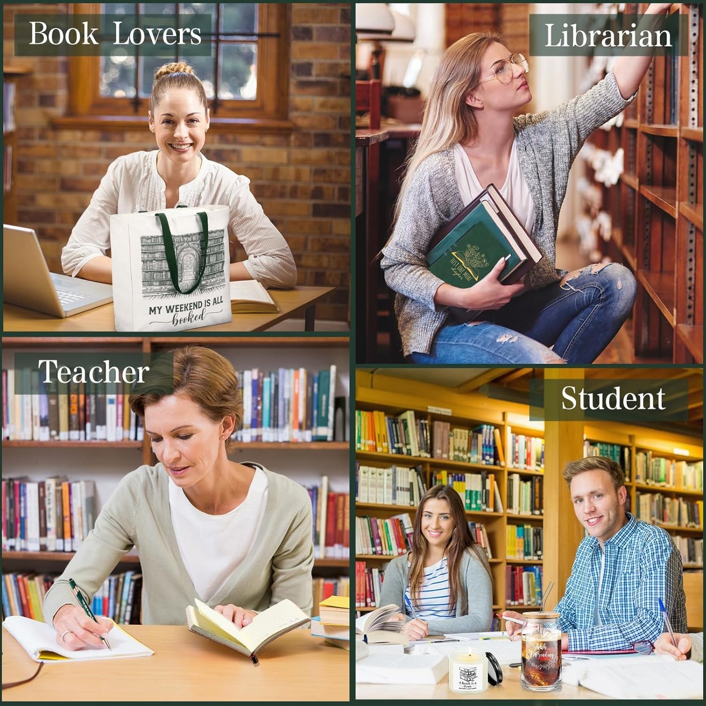 Set of 5 Book Lovers Gifts for Women 16oz Drinking Glass Scented Candle Canvas Tote Bag A6 Journal with Ballpoint Pen for Reader Librarian Bookish Student Teacher Birthday Gifts(Green)