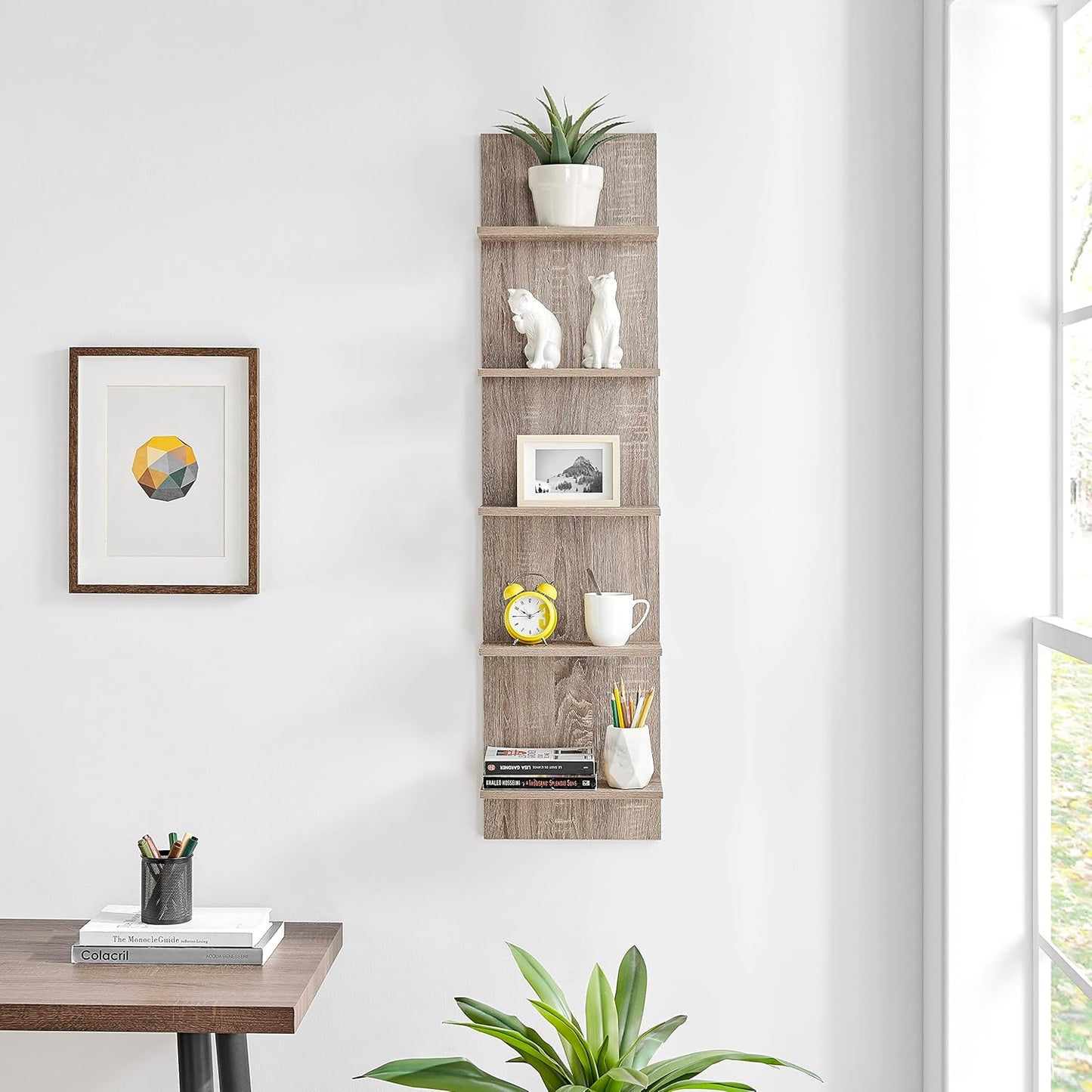 Danya B. Narrow Decorative Wall Mount Vertical Shelving Unit – Modern Column with 5 Shelves Home or Office for Books, Décor Display (Oak)