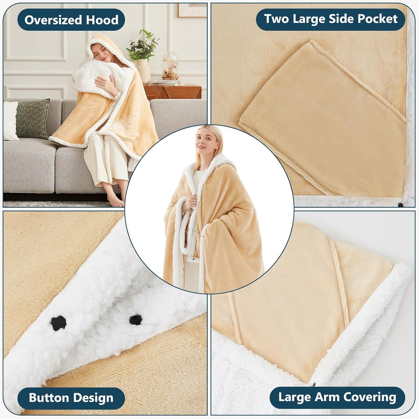 Heated Electric Blanket Shawl: Heating Throw Heated Poncho - Wearable Blanket Hoodie Wrap Sherpa with 10 Heat Levels & Multi Heating Time Settings (40x70'' Biege)