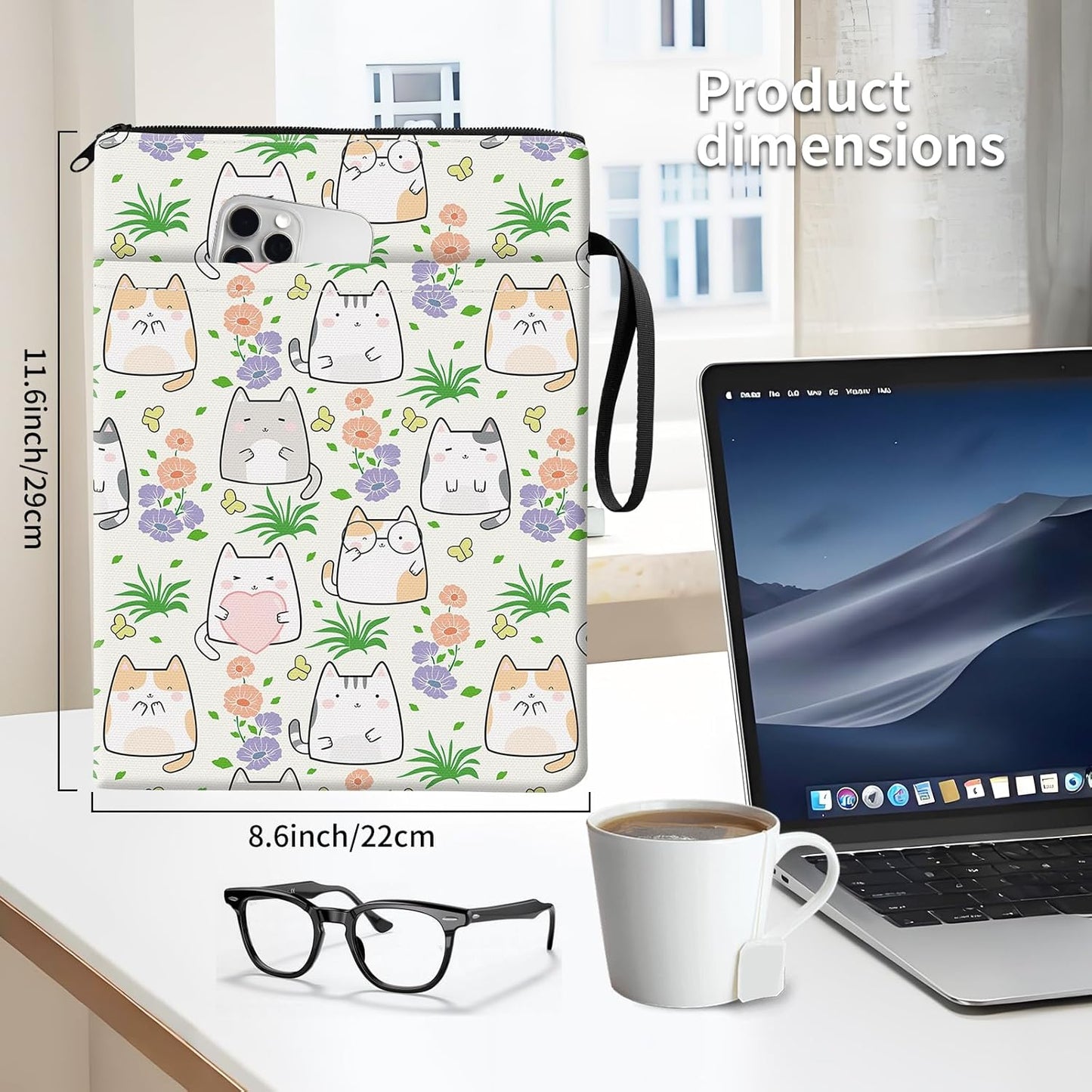 Book Sleeve for Book Lovers, Travel Book Protector Pouch with Zipper & Front Pocket Cute Book Cover Case Book Accessories for Women Men Cute Cats