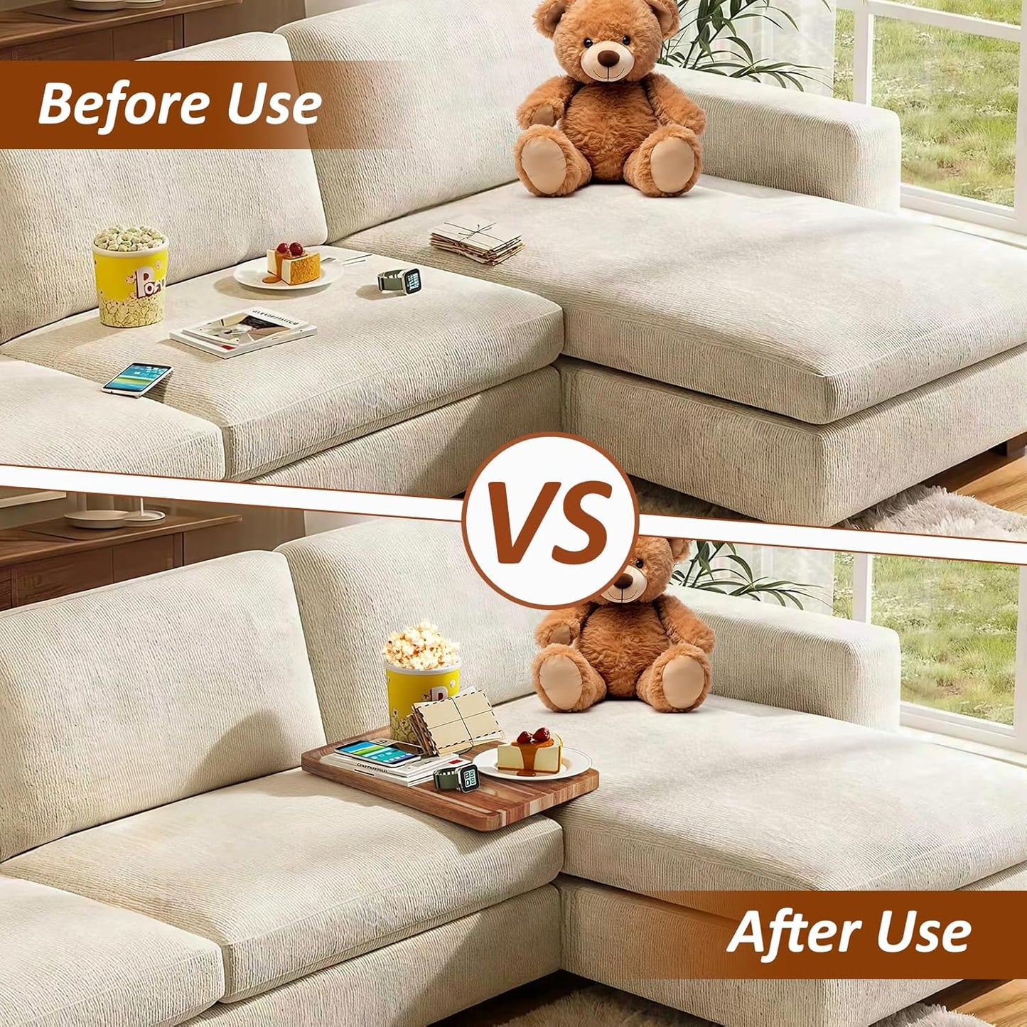Acacia Wood Couch Tray, Folding sofa Table Insert for Middle Portable Couch Armrest Trays Perfect for Drinks, Snacks, Phone, Remote Control,14.96x10.23-inch (Rectangle)