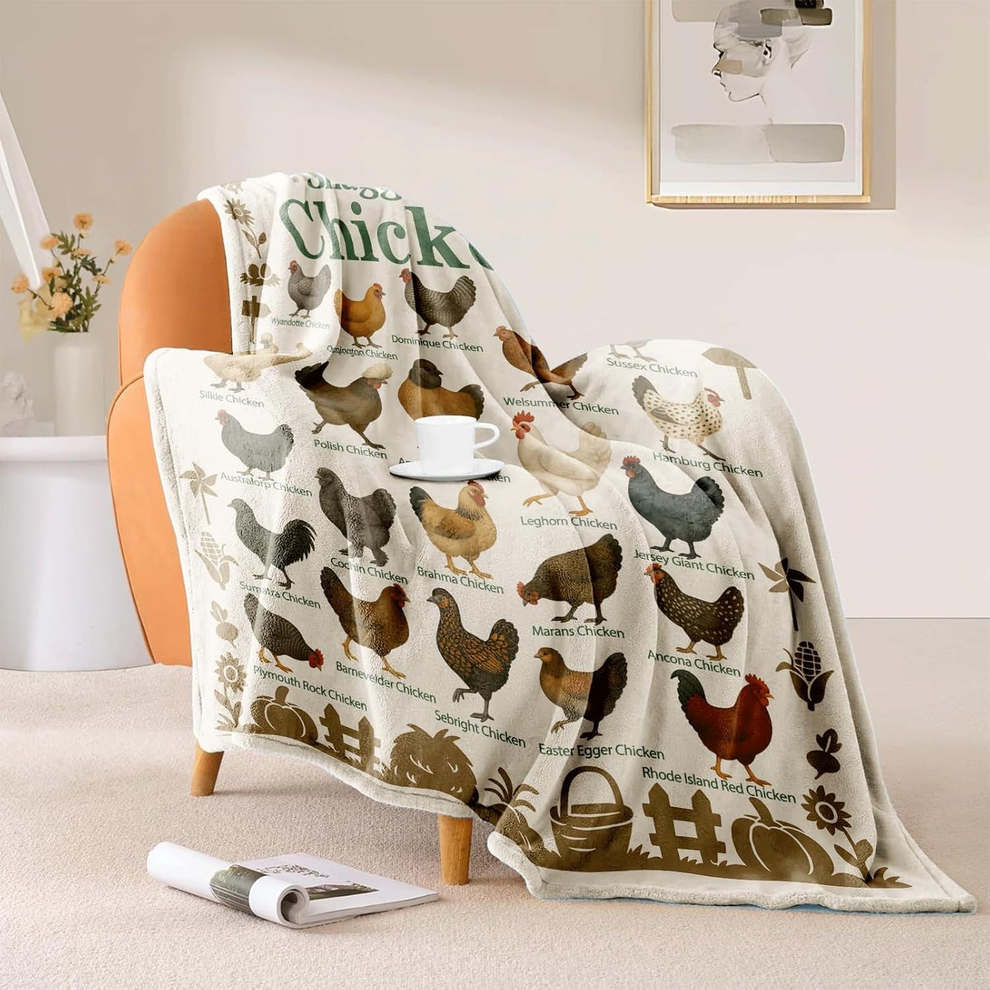 Snuggle with Chickens Throw Blanket 50 x 60 Inch, Chicken Breeds Chart Educational Farmhouse Decor, Cozy Poultry Lover Gift Birthday Christmas Housewarming (Chicken)