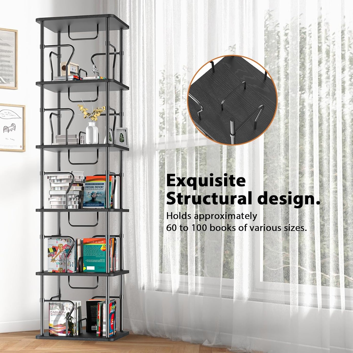 5 Tier Square Rotating Bookshelf Tower, Spinning Bookshelf, 360° Display Round Bookcase, Floor Standing Corner Revolving Bookshelf Organizer Storage Rack for Home Study Office, Small Spaces