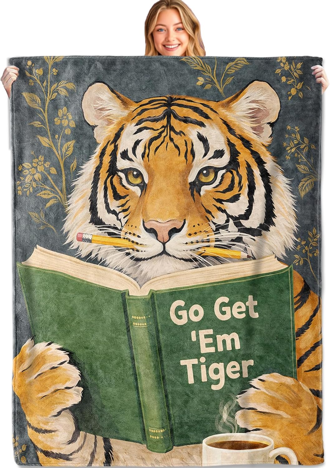 Funny Tiger Book Throw Blanket, 50x60in, Soft Lightweight Flannel, Whimsical Vintage Design Blankets,Gifts for Women Kids Reading Lovers,for Couch Travel Office Home Living Room Cabin Decor