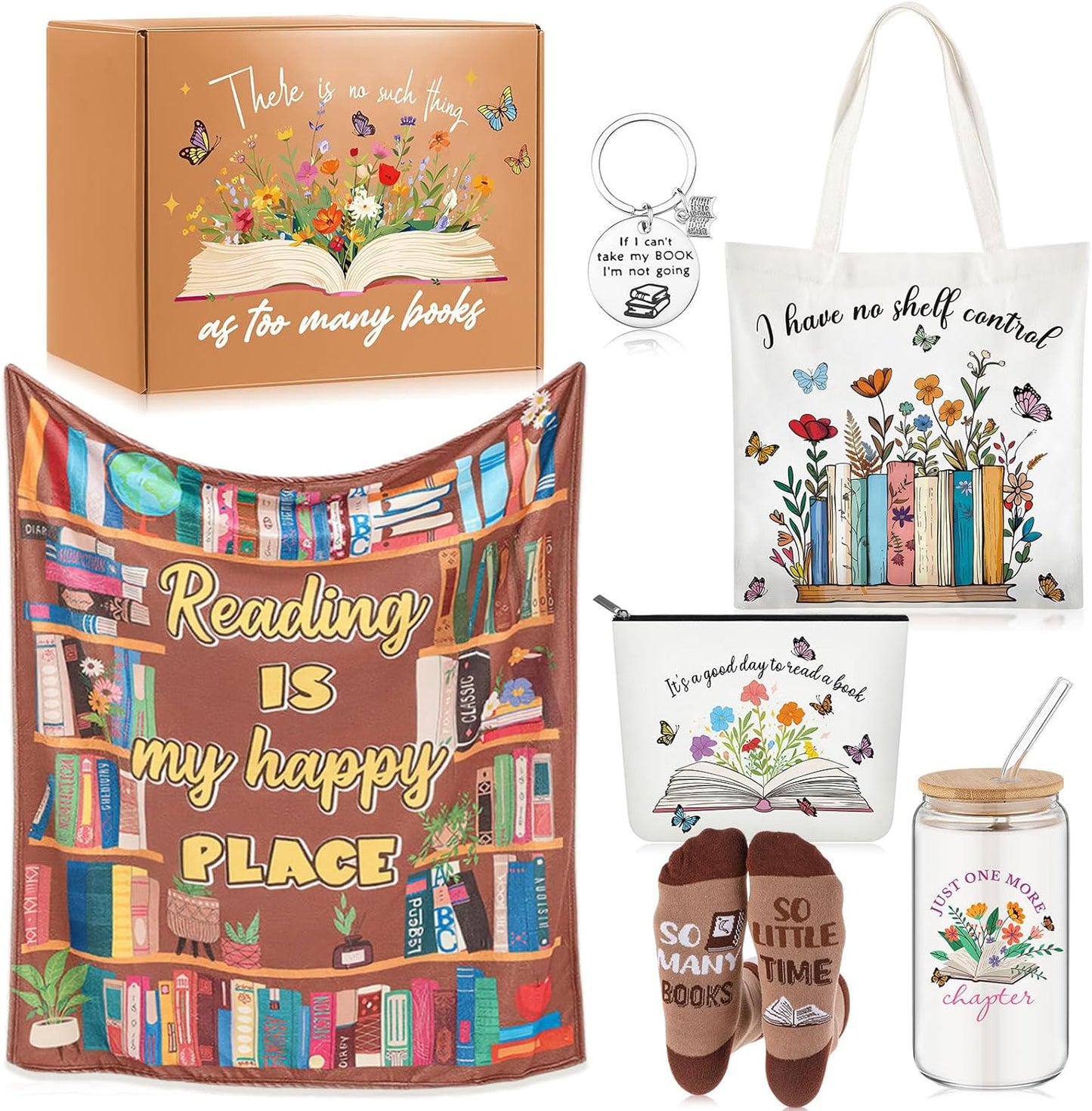 Paterr 6 Pcs Book Lover Gifts for Women, Mother's Day Book Club Gifts for Bookish, Canvas Tote Bag Makeup Bag Print Blanket Socks 16oz Glass Coffee Cup with Straw Cute Keychain for Librarian Birthday