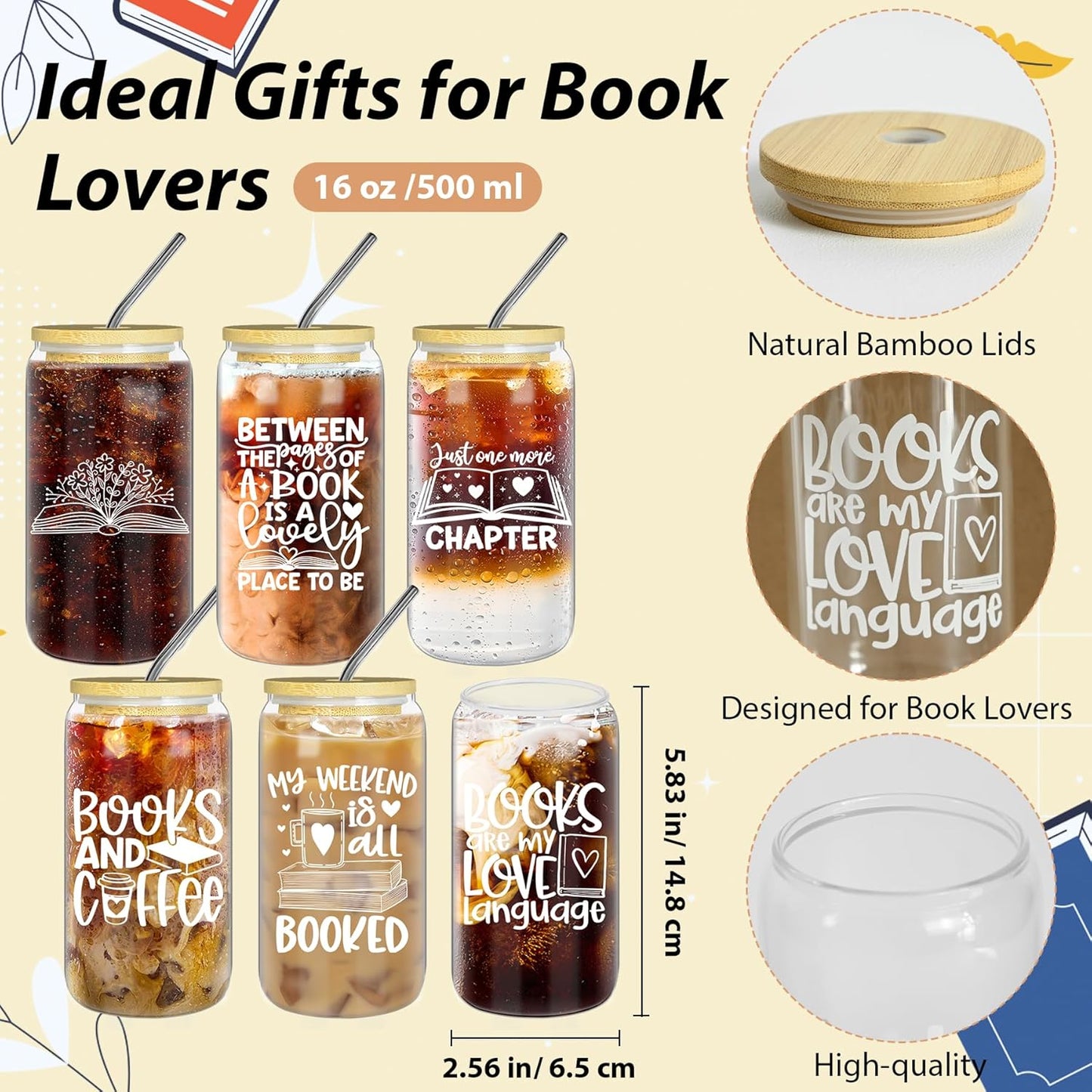 6 Pcs Book Club Cups Gifts Set for Women Bulk Book Lovers Bookish Librarian Reader Party Glasses With Lids Straws 16 Oz Can Shape Coffee Mason Jars Thank You Appreciation