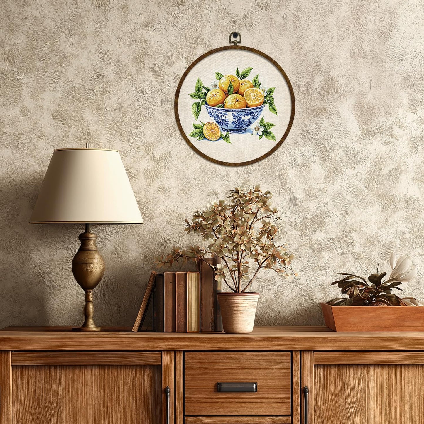 Vintage Lemon Round Wall Art, Retro Fruit Canvas Print Still Life Art Kitchen,Country Neutual Circular Wall Hanging Framed Decor for Farmhouse,Living Room, Kitchen Neutral Retro Artwork 10x10in (Yellow-Lemon)