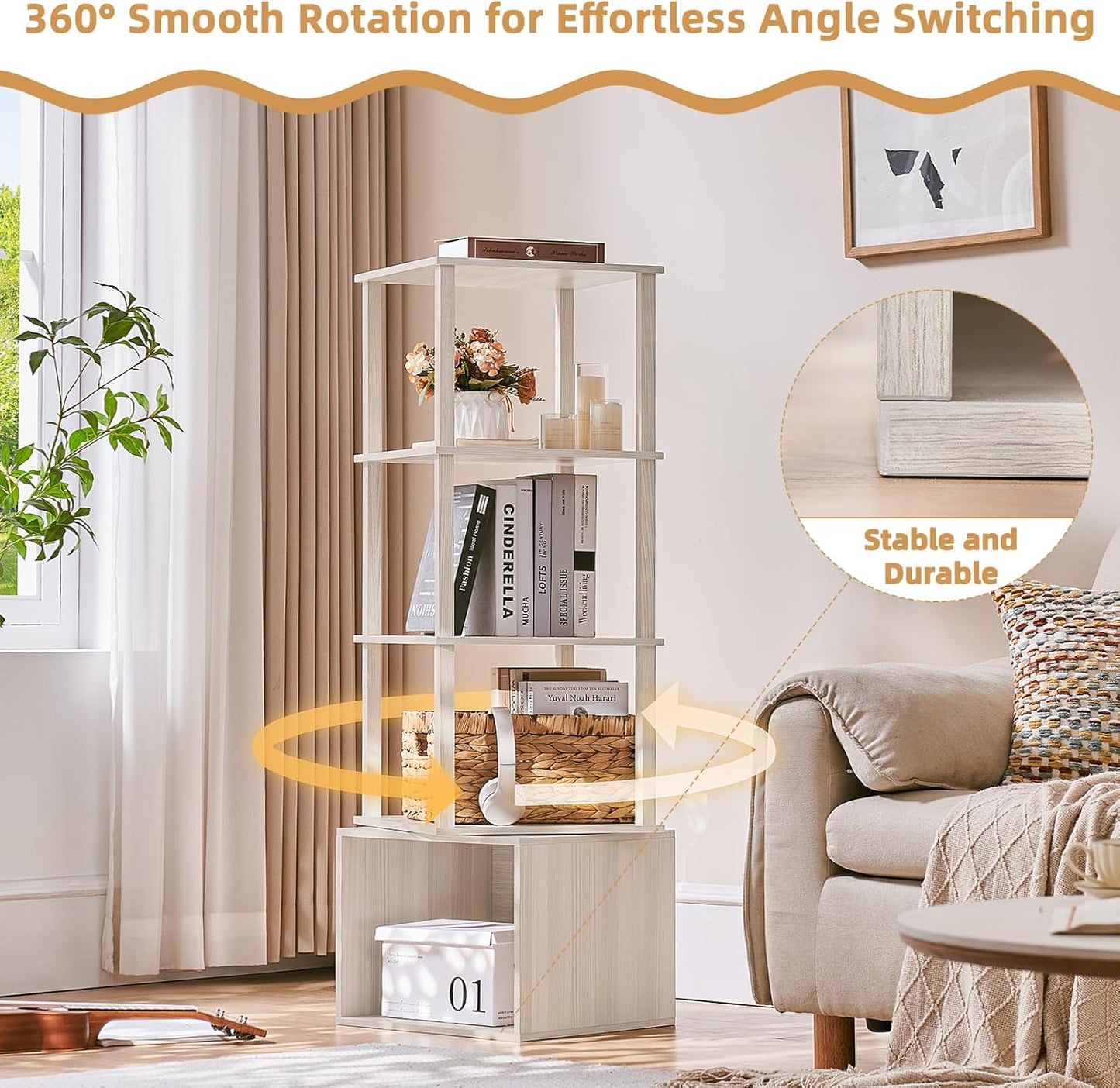 4 Tier Rotating Bookshelf with Storage Cabinet, 360° Display Revolving Bookcase, Square Spinning Book Shelf Tower Organizer, Freestanding Wooden Bookshelves for Small Space, Bedroom Living Room