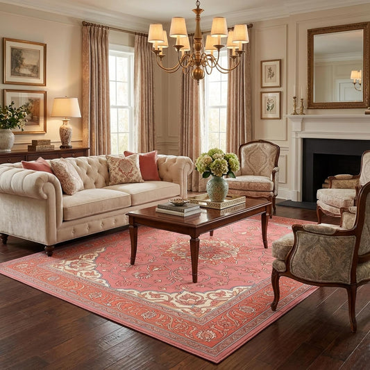 Bohemian Oriental Area Rug, Deep Blush & Coral Floral Medallion Rug, Non-Slip Stain Resistant Vintage Carpet for Living Room Bedroom Dining Room (5' x 7')