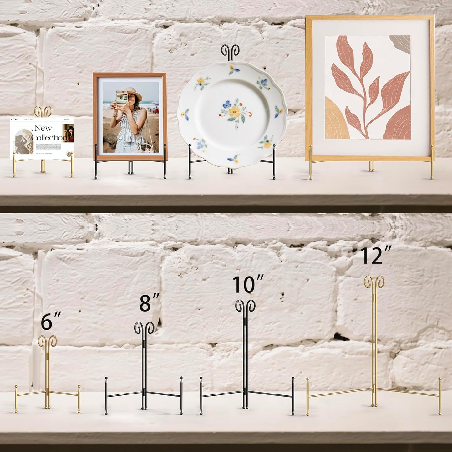 Display Stand for Plate, Foldable Metal Plate Stand for Table, Decorative Easel Holder for Picture Frames, Photos, Wedding Cards, Sign Posters, Cavas, 6-inch Gold