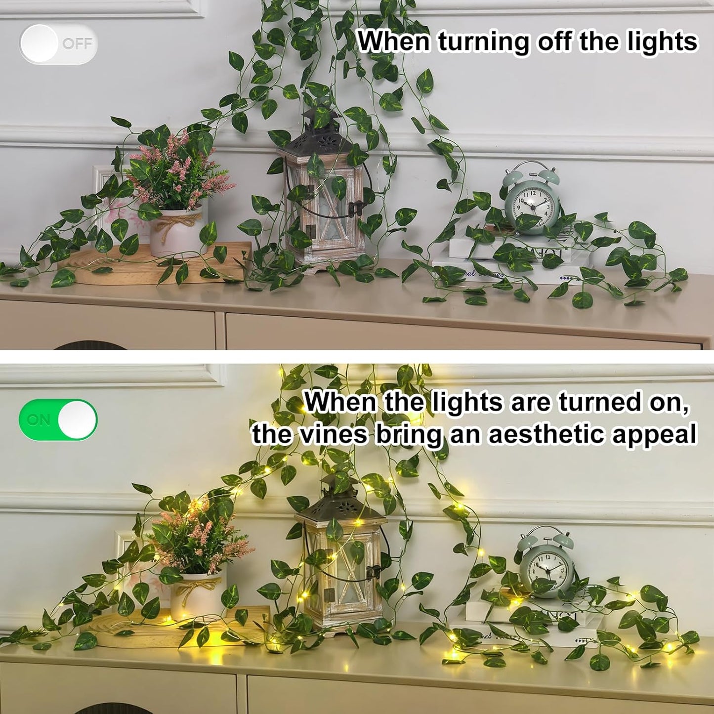 CEWOR Pothos Vine with Fairy Lights Battery Operated, 40ft 120 LED Ivy String Lights, Artificial Ivy Garland with Lights for Bedroom, Room, Wall, Garden, Party, Wedding Decor