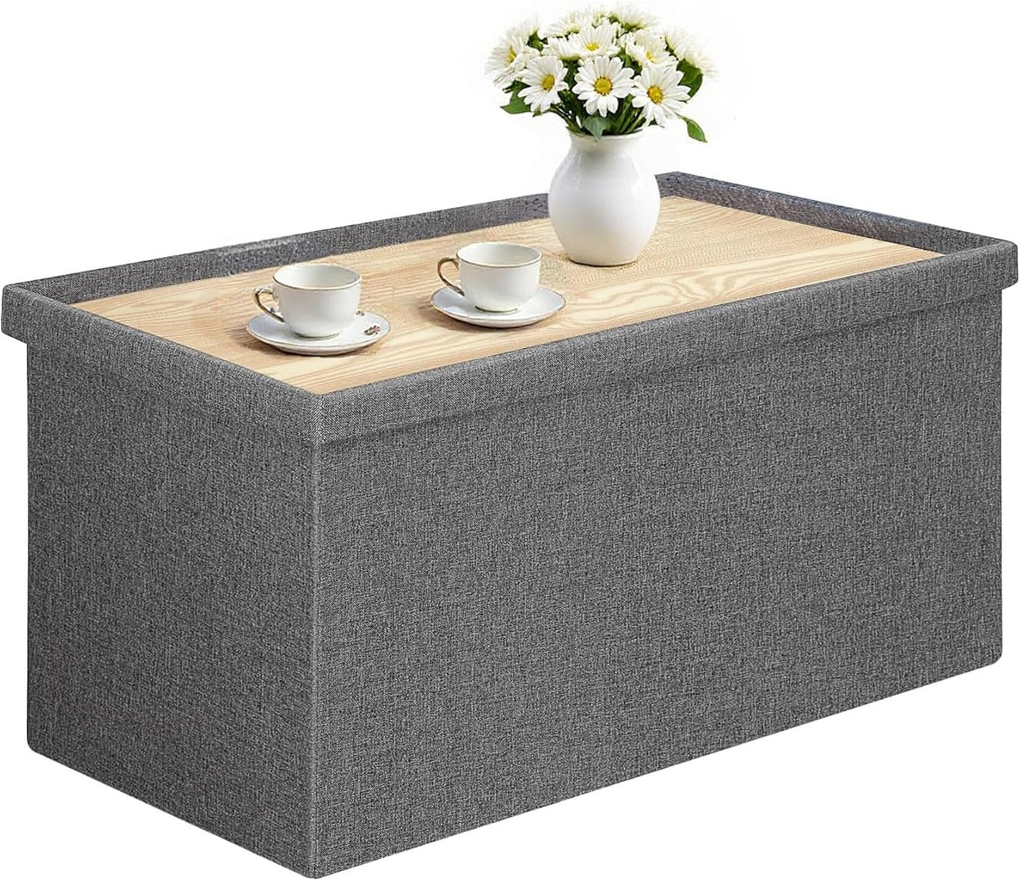 30 Inch Folding Storage Ottoman with Reversible Lid Coffee Table, Linen Fabric Multi-Functional Foot Rest & Seat for Living Room, Bedroom Grey