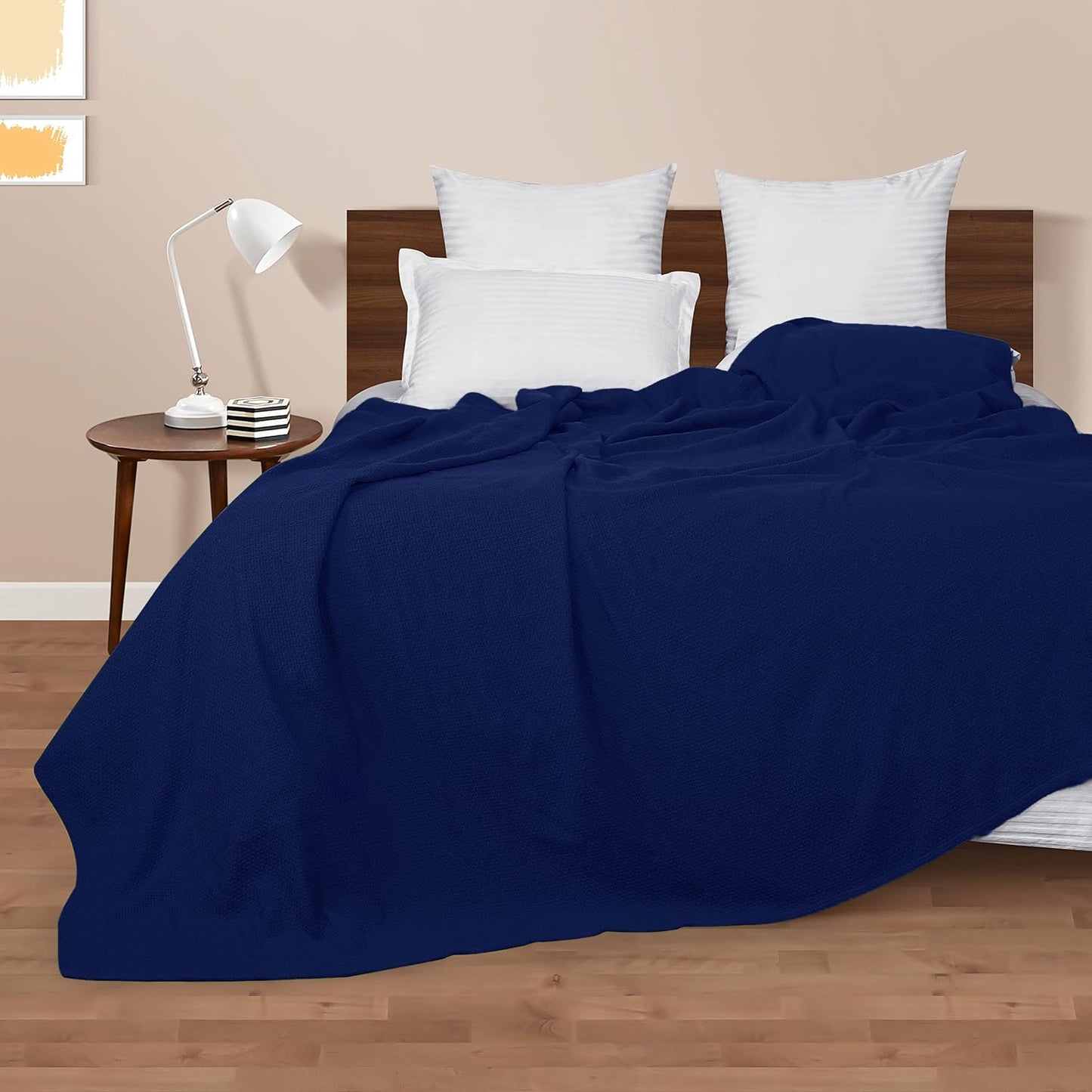 BOUTIQUO 100% Cotton Bed Blanket, Breathable Thermal Blanket King Size, Soft Honeycomb Waffle Blanket 90"x102", Cotton Bed Blanket, Perfect for Layering Any Bed for All Season, Navy Blue