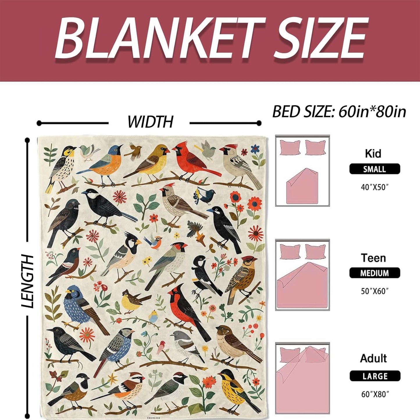 Colorful Bird Flannel Blanket 50x60in, Cute Nature Throw with Whimsical Songbirds and Floral Branches, Soft Lightweight Blankets for Birds Lovers, Spring Decor, Cottagecore Gifts