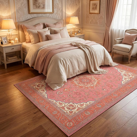 Bohemian Oriental Area Rug, Deep Blush & Coral Floral Medallion Rug, Non-Slip Stain Resistant Vintage Carpet for Living Room Bedroom Dining Room (5' x 7')