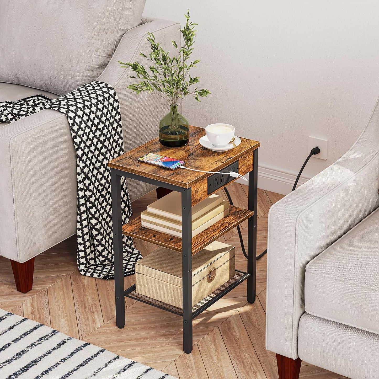 HOOBRO Side Table with Charging Station and USB Port, Small End Table for Small Space, 3-Tier Nightstand with Adjustable Shelf, for Living Room, Bedroom and Balcony, Rustic Brown BF112BZ01