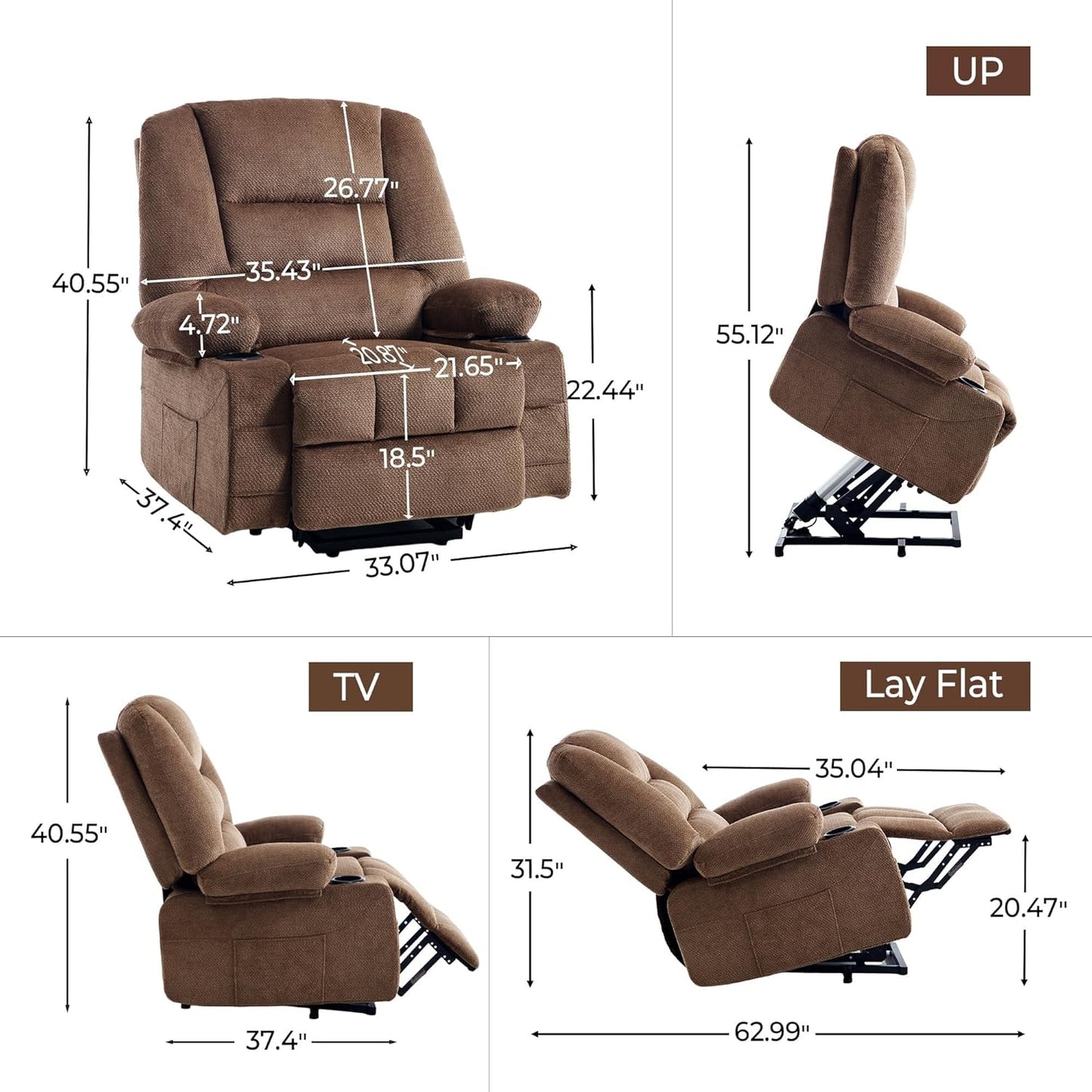 Overstuffed Fabric Electric Massage Recliner Chair for Elderly People with Heat with USB Port Cup Holder Brown Power Lift Recliner Chair for Seniors Adults