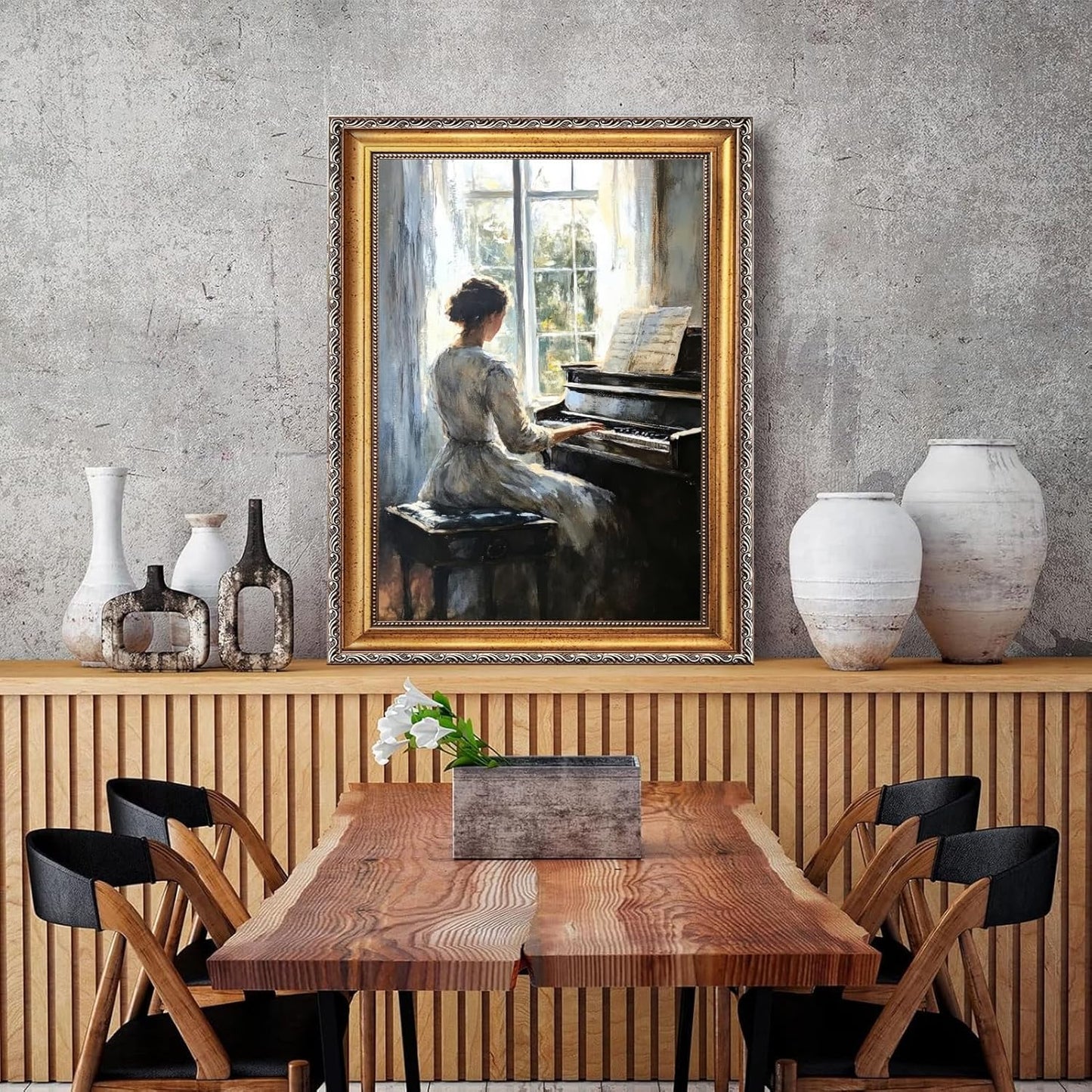 Large Framed Woman Playing Piano by the Window Canvas Wall Art Vintage Elegant Lady Oil Painting Poster Classical Music Artwork Print Impressionist Cottage Decor for Bedroom Home 24x36inch