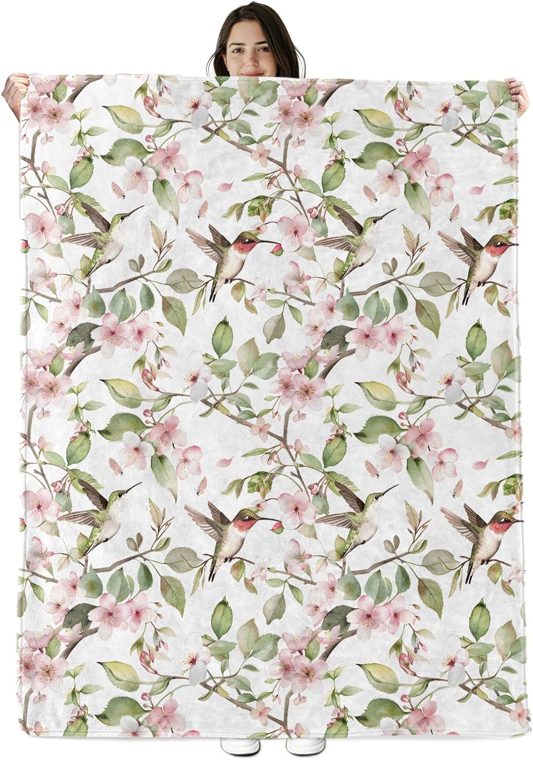 Hummingbird and Cherry Blossom Blanket Gifts for Boys Girls Kids, Watercolor Bird Floral Warm Soft Flannel Throw Blankets for Bedroom, Travel, Sofa, Room, Birthday Christmas Spring Decor, 50x60 in