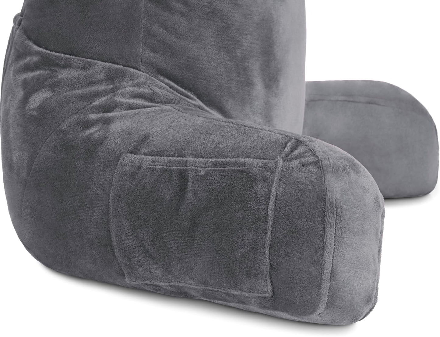 Husband Pillow Dark Grey, Standard+ Original Reading Pillow in Bed Rest Chair, Shredded Memory Foam Large Lounge Cushion Adult Backrest w/Arms, Comfy Back Support for Sit Sitting Up, Removable Cover