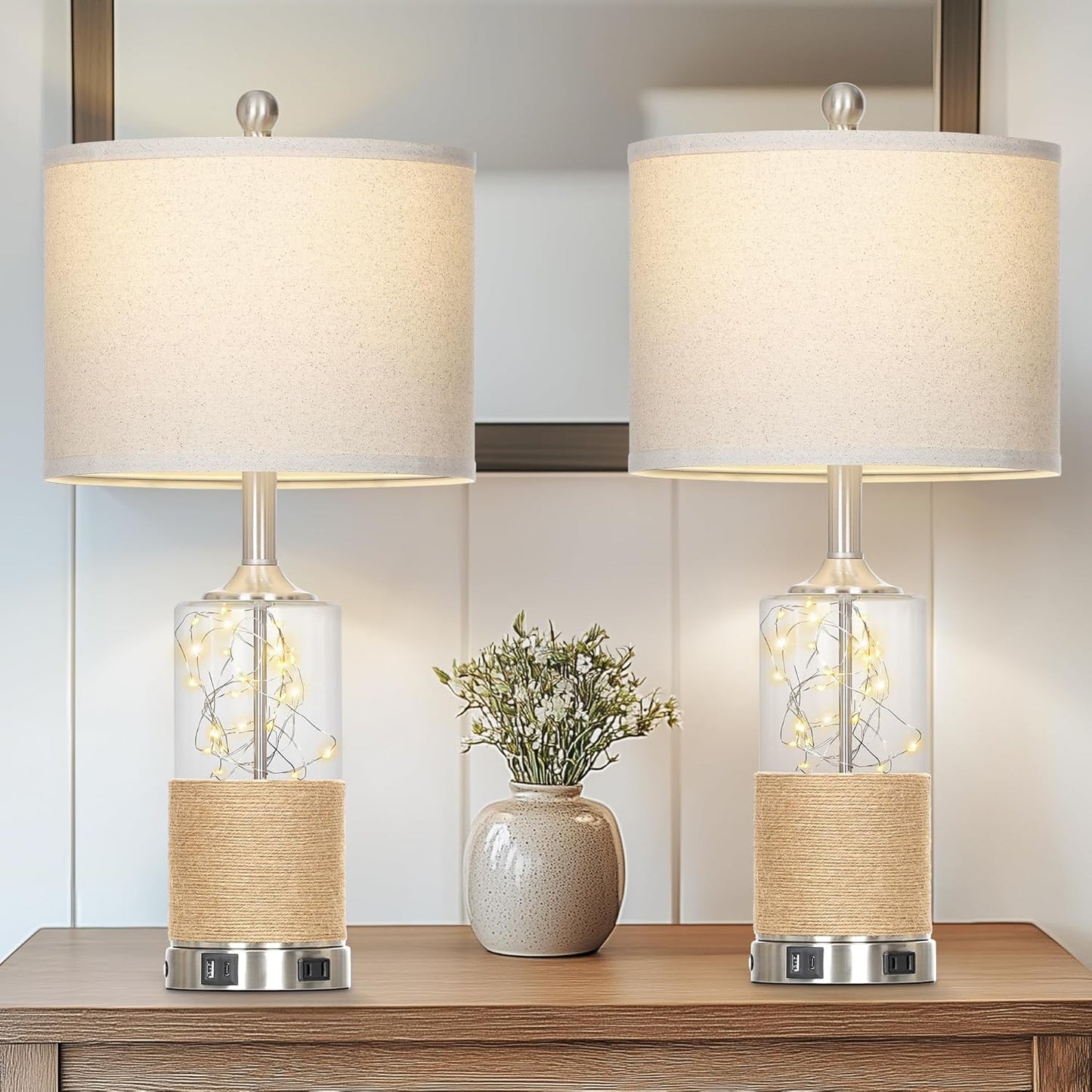 25" Coastal Glass Lamps Set of 2, Touch Control 3-Way Dimmable Night Light Modern Table Lamp with USB A+C Ports & AC Outlets Linen Fabric Shade for Living Room Bedroom Silver Ocean(LED Bulbs Included)