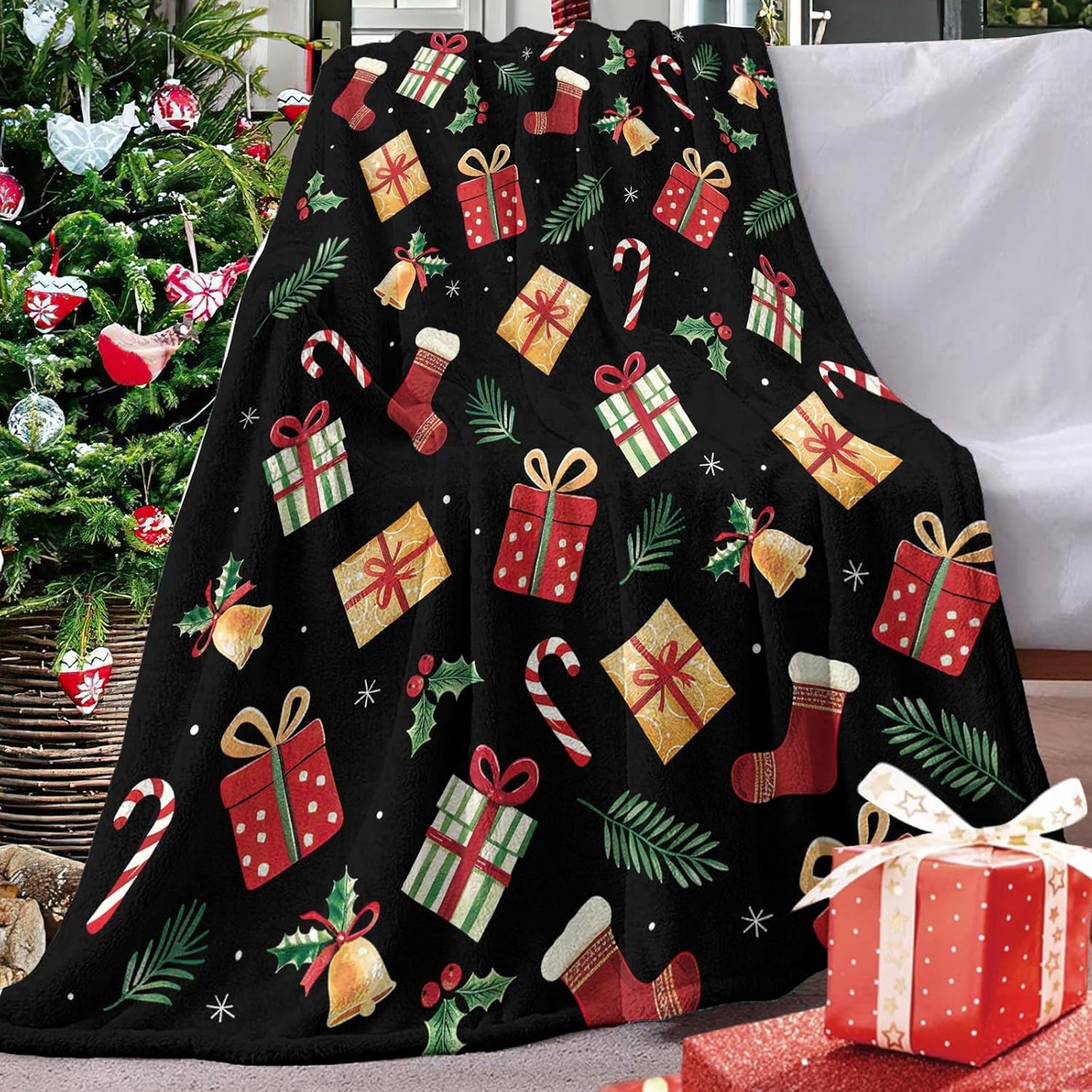 Black Flannel Throw Blanket, Xmas Candy Cane Stocking Jingle Bell Holly Berries Birthday Present for Kids Men Women, Winter Holiday Soft Blankets for Bedding Sofa 50 x 60 Inches