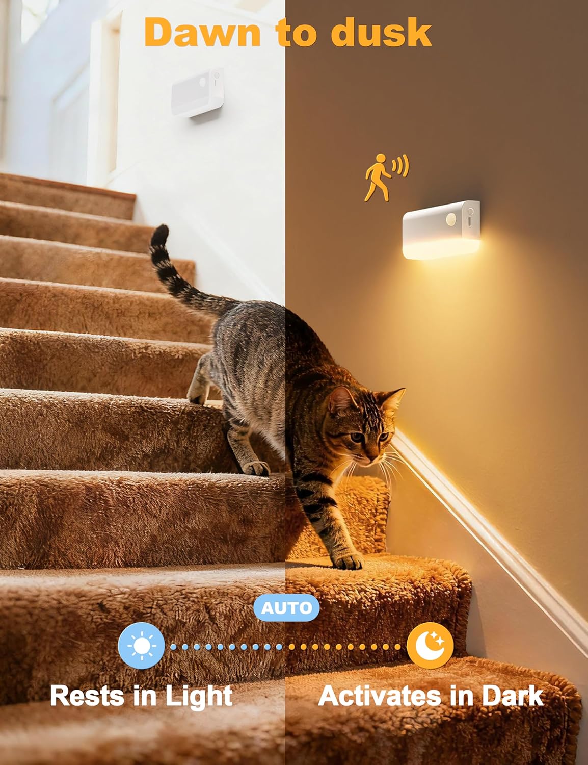 VOLISUN Motion Sensor Stair Light Indoor Rechargeable 6 Pack, Night Lights Indoor for Step, Hallway, Toilet, Magnetic Stick-On Wall Lights, 3 Modes & 3 Color Temperatures(White)