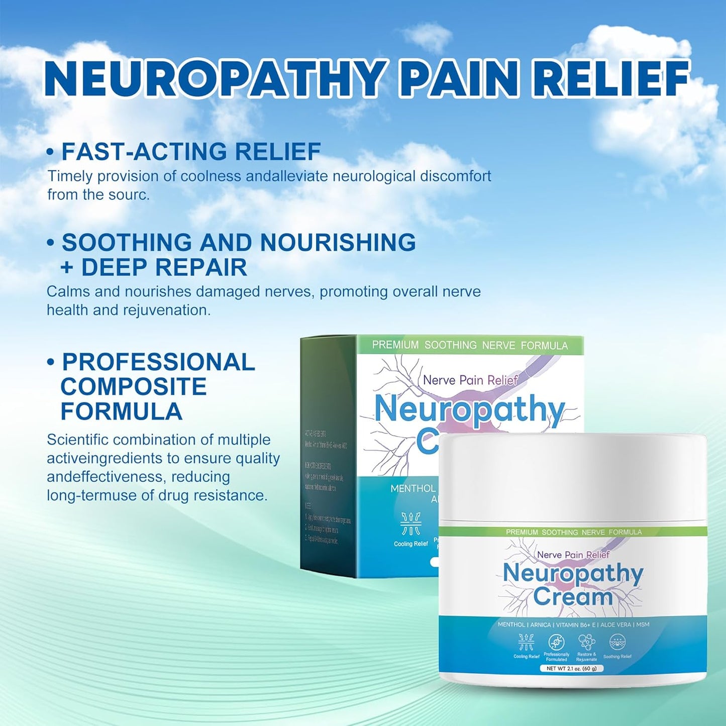 Neuropathy Pain Relief for Feet & Hands, Nerve Pain Relief Cream – Maximum Strength Neuropathy Cream with Menthol, Arnica, Vitamin B6+E, Aloe Vera & MSM – Fast-Acting (2.1 Fl Oz (Pack of 1))
